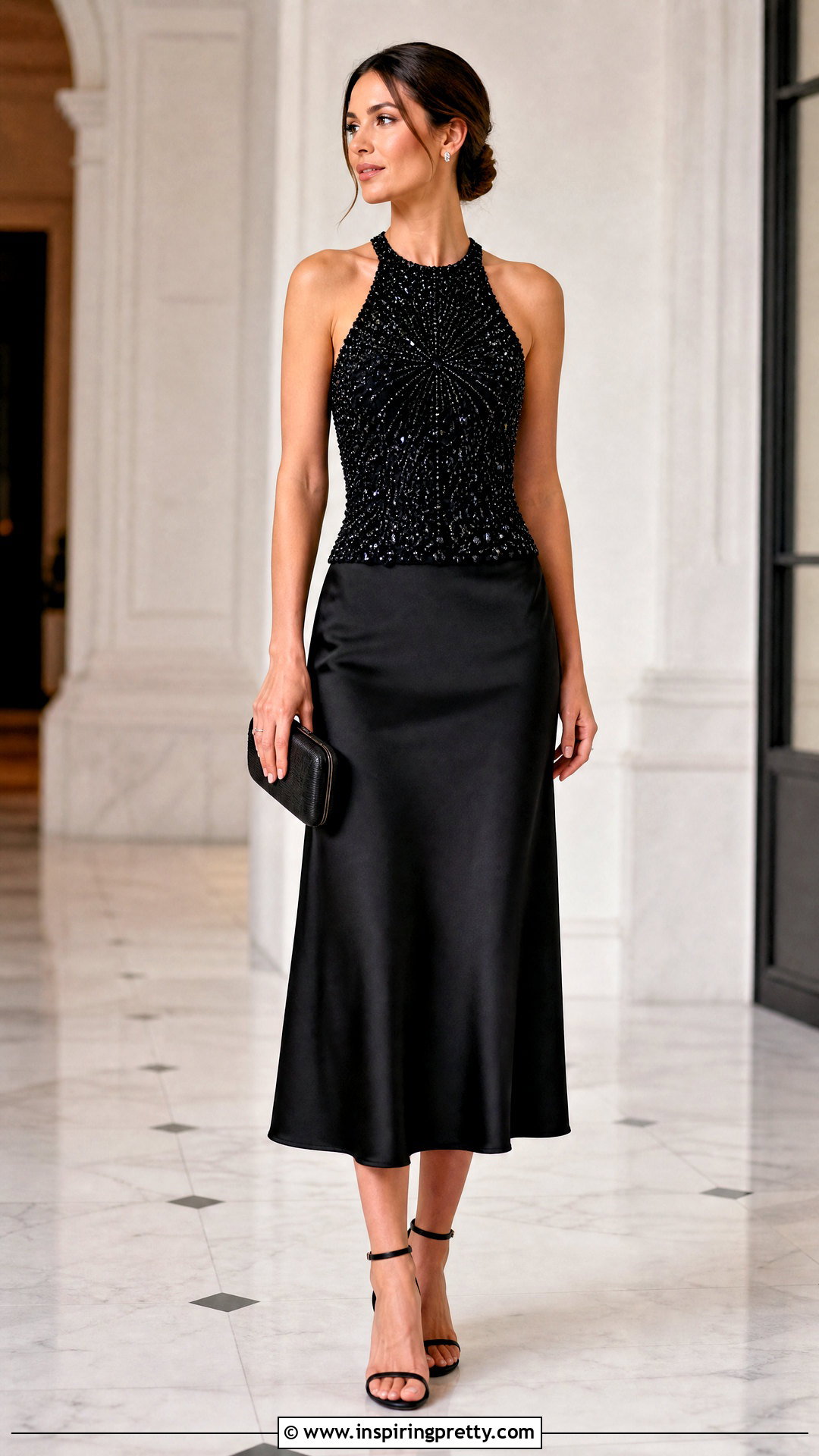 Black Embellished Evening Top With Midi Skirt - 20 black evening wear top outfit ideas