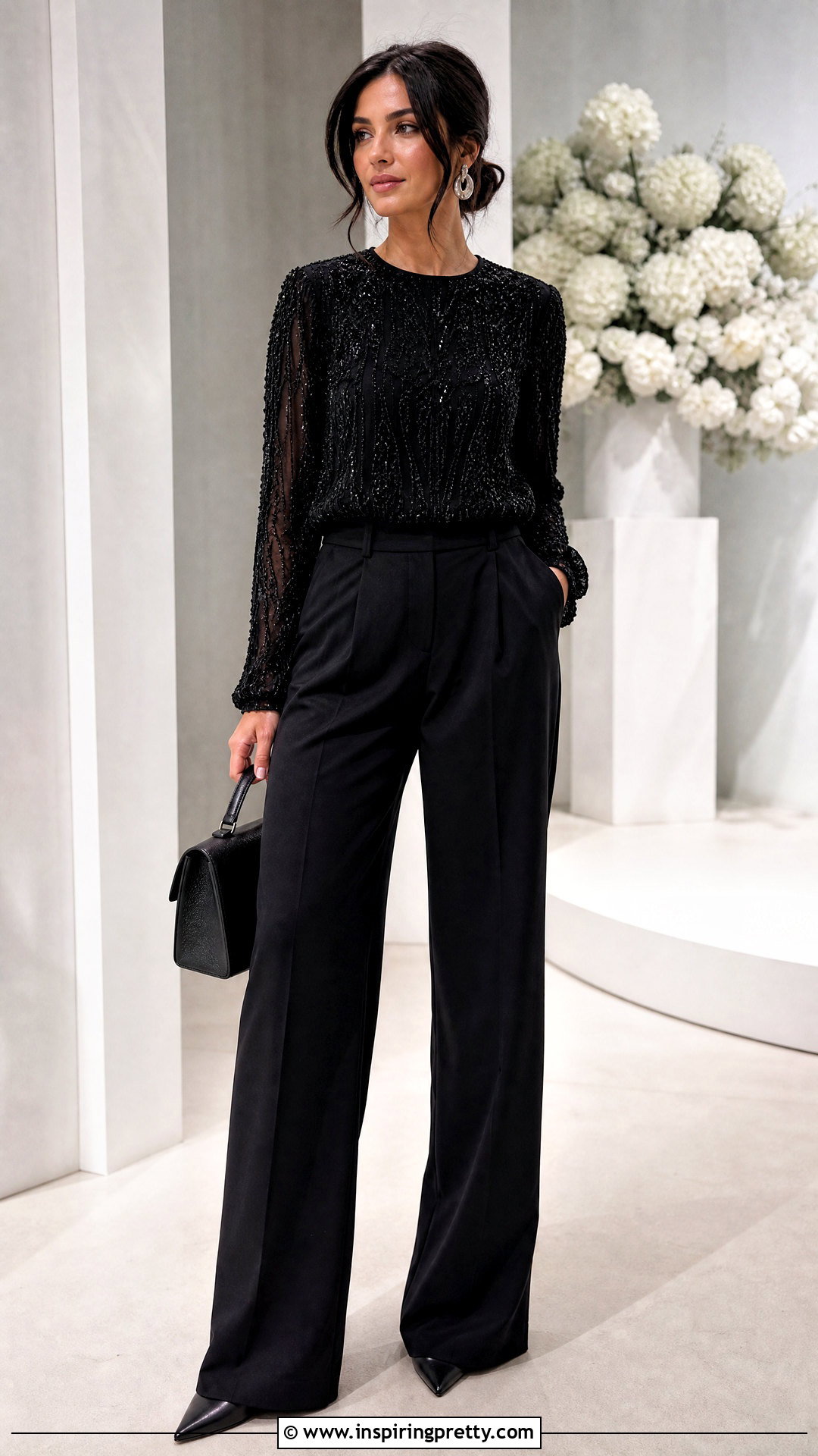 Black Embellished Top With Black Trousers - 50 fancy tops outfit ideas