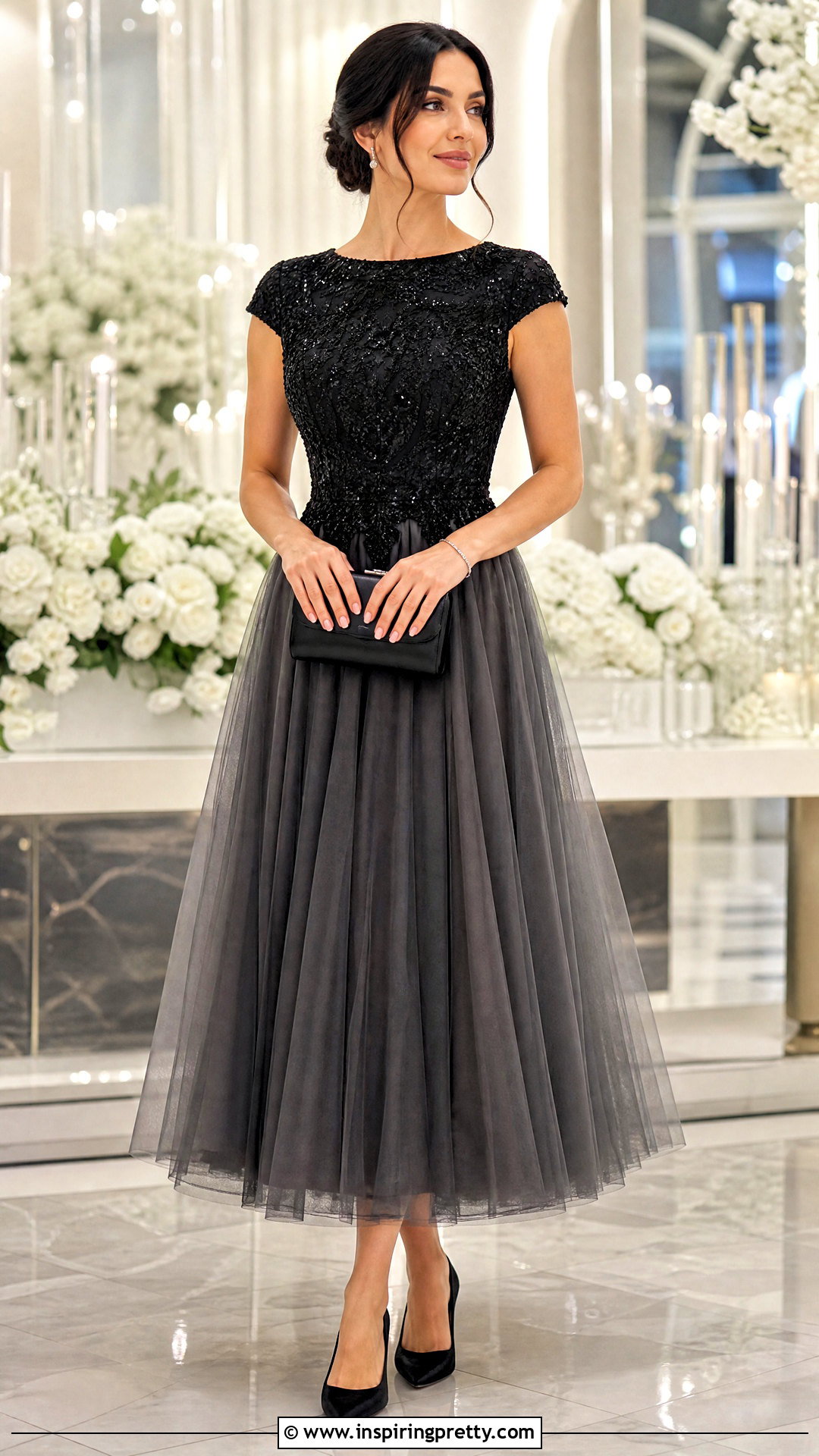 Black Embellished Top With Tulle Midi Skirt - 25 Black Wedding Top outfit ideas