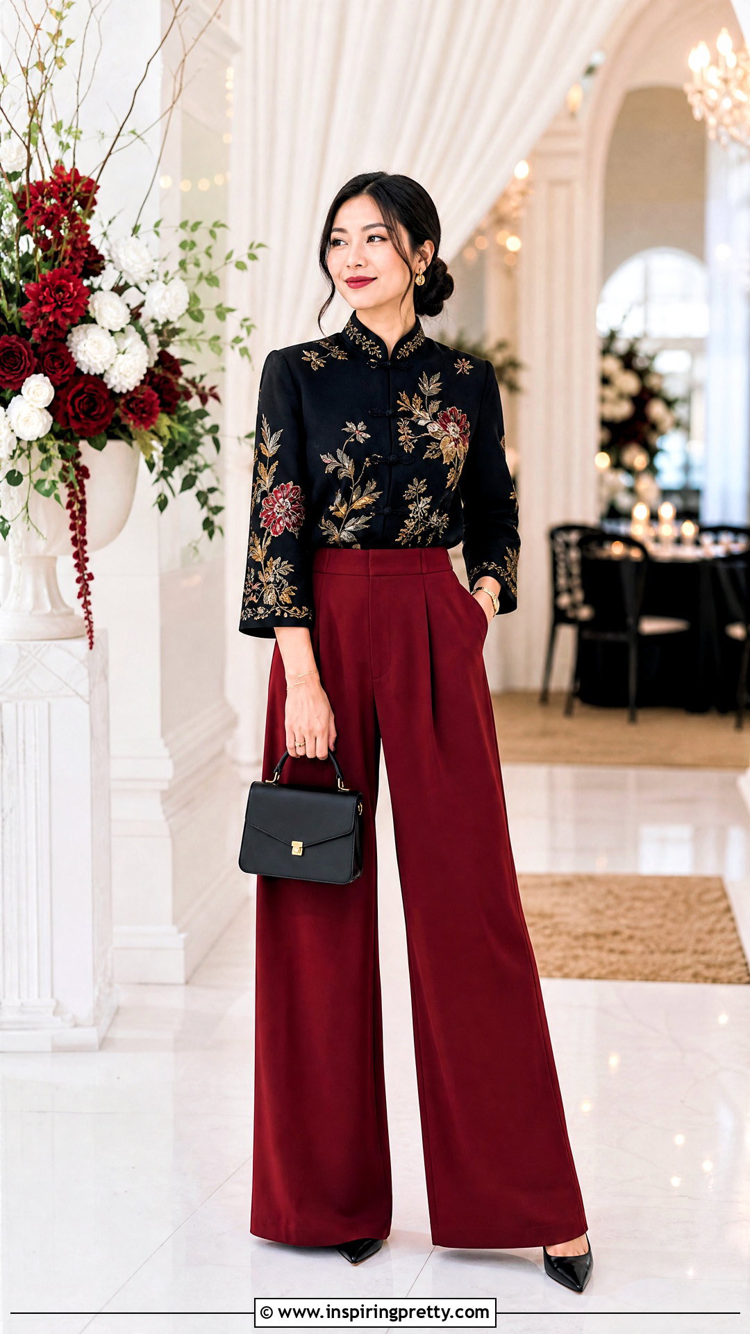 Black Embroidered Chinese Top With Red Pants - 50 chinese top outfit ideas