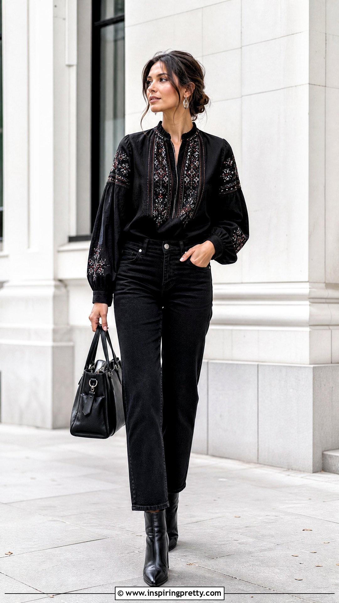 Black Embroidered Top With Black Jeans - 50 embroidered tops outfit ideas