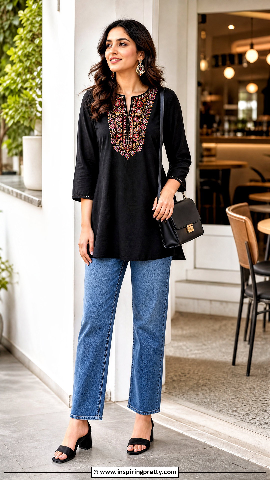 Black Embroidered Top With Blue Jeans - 50 jeans tops indian style for women