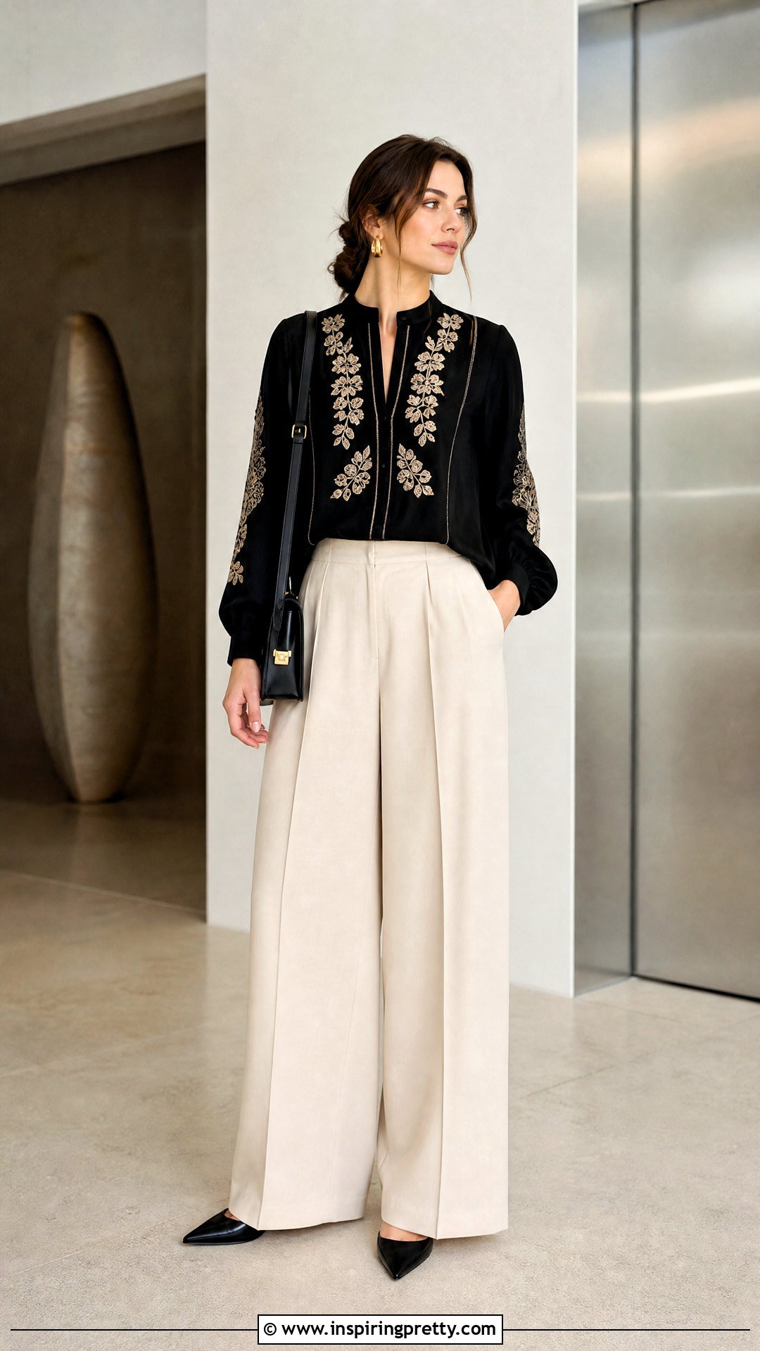 Black Embroidered Top With Wide Leg Pants - 20 Fashion Inspiration For Embroidered Tops outfit ideas