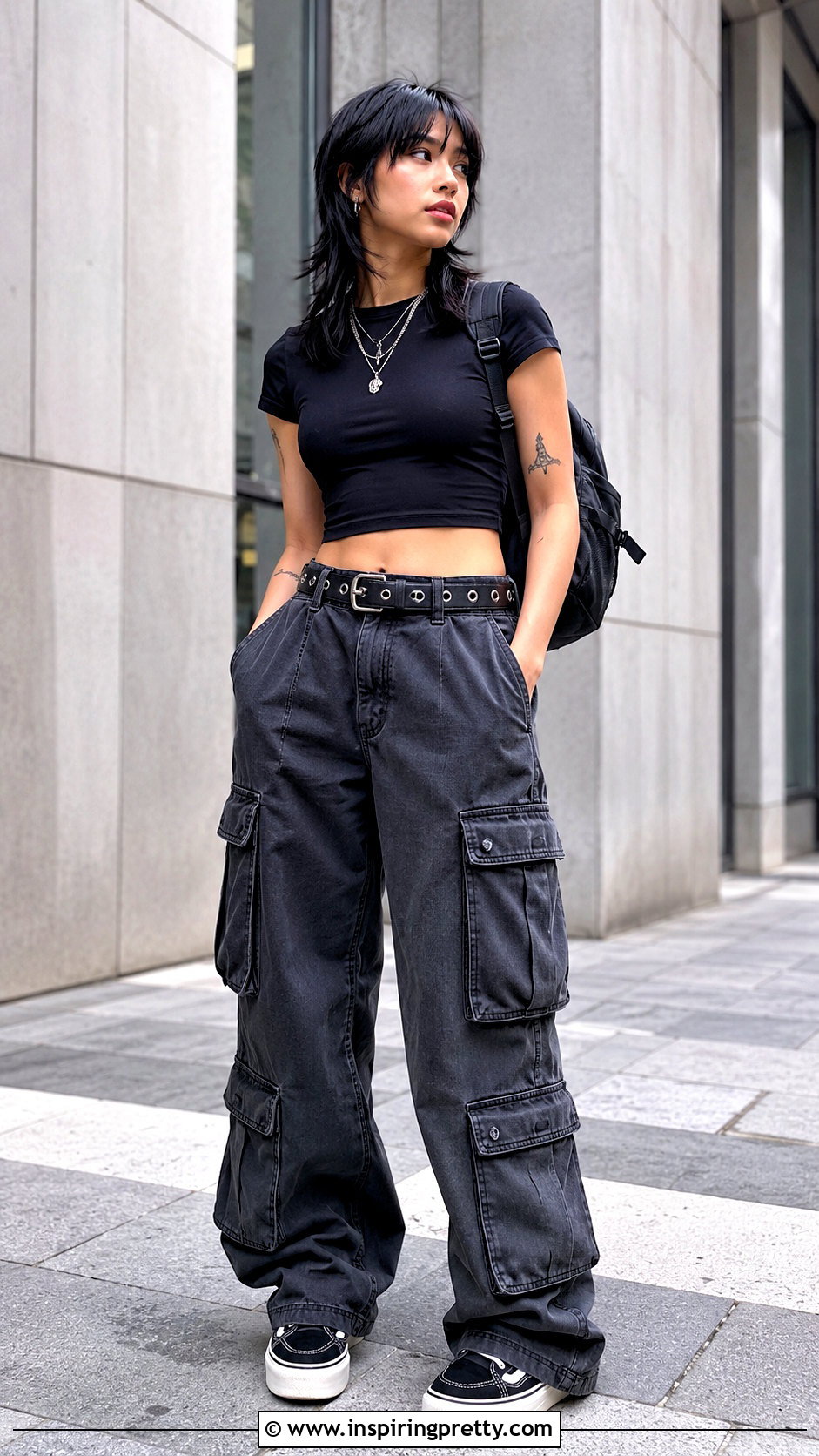Black Emo Crop Top With Baggy Cargo Pants - 25 black emo crop top outfit ideas