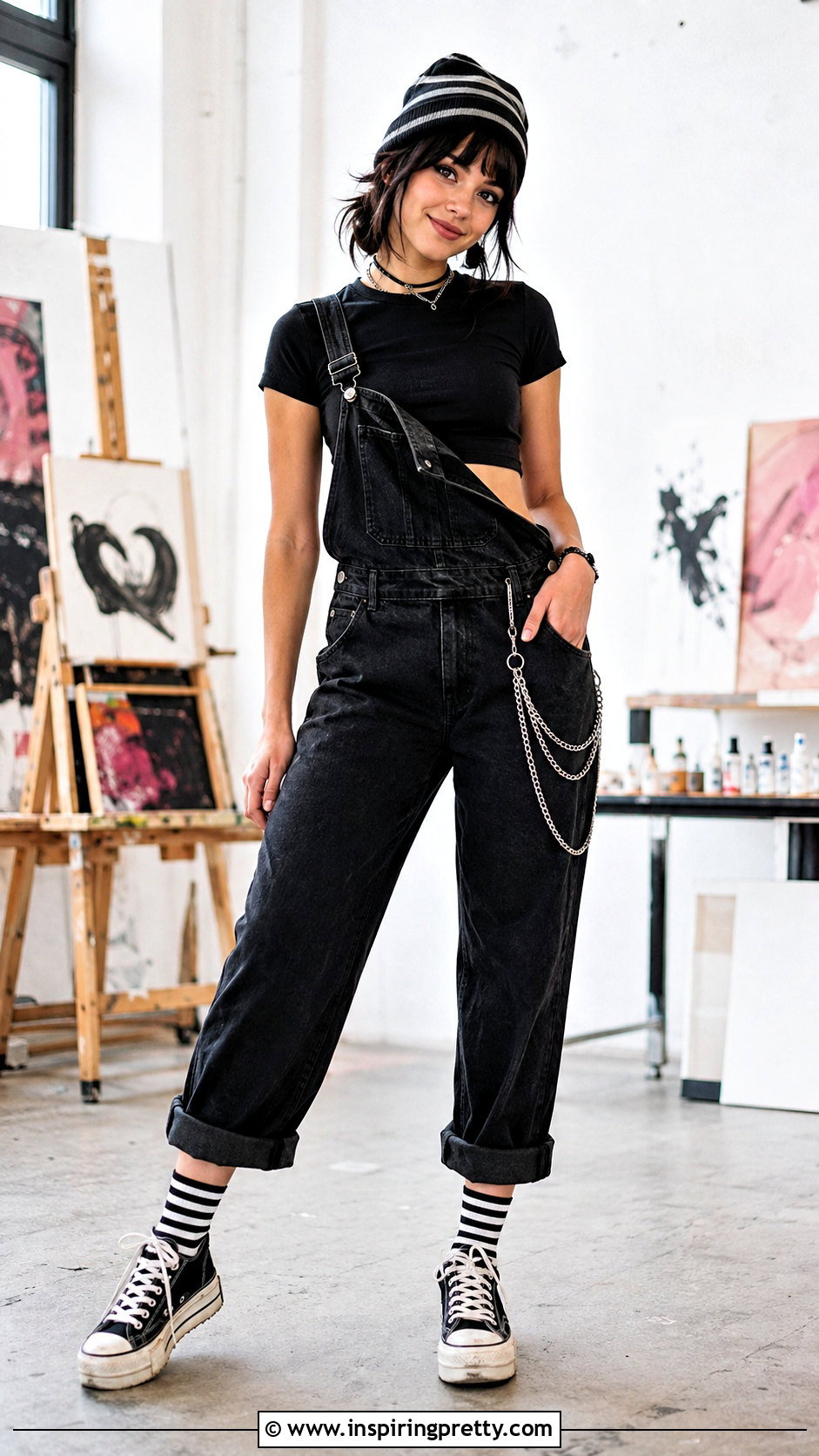Black Emo Crop Top With Denim Overalls - 25 black emo crop top outfit ideas