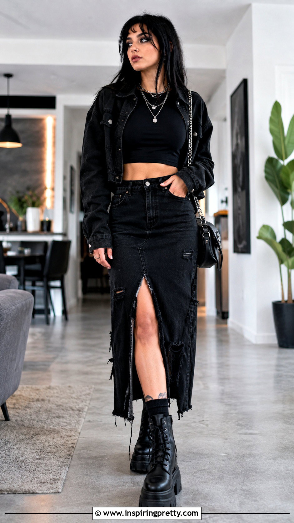 Black Emo Crop Top With Distressed Midi Skirt - 25 black emo crop top outfit ideas