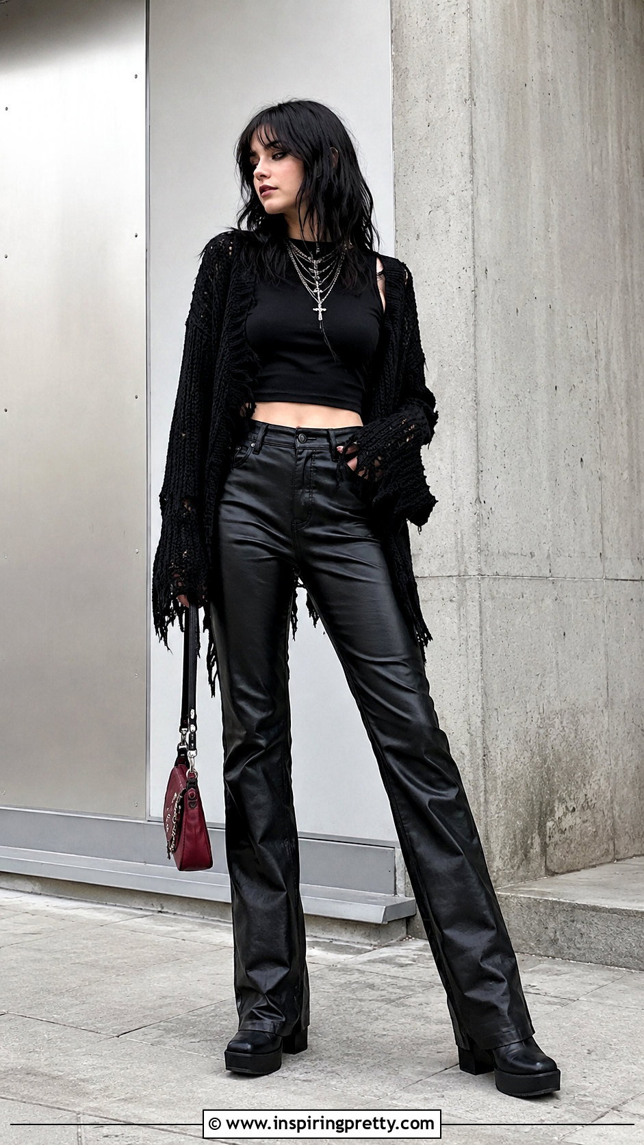Black Emo Crop Top With Faux Leather Pants - 25 black emo crop top outfit ideas