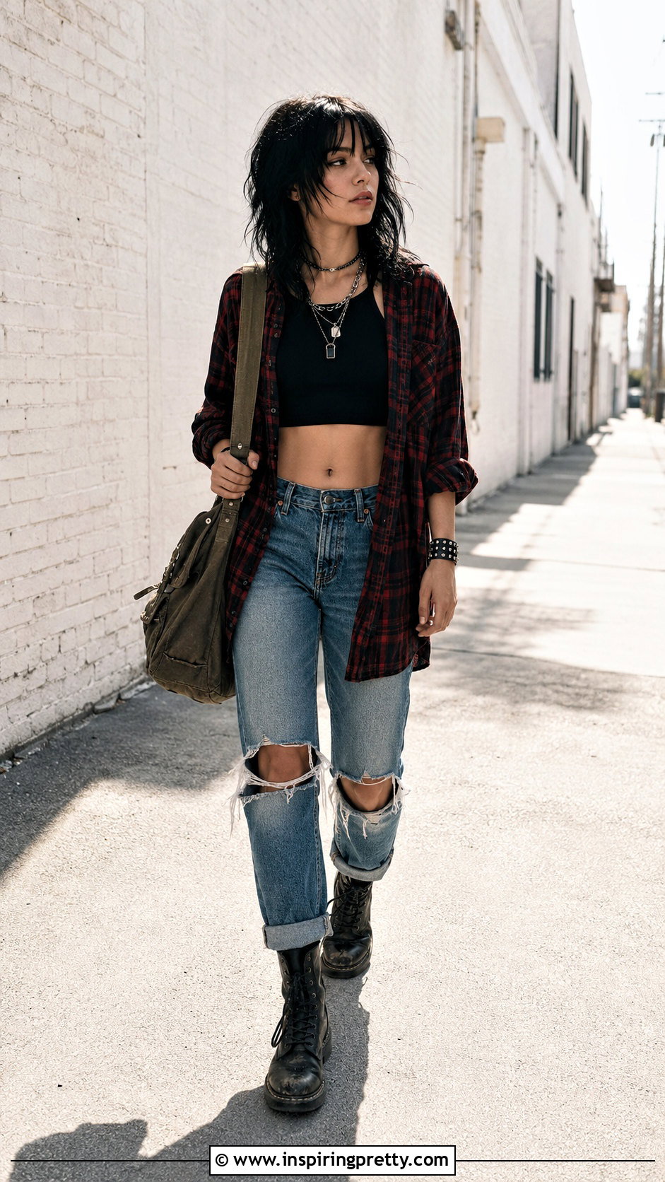 Black Emo Crop Top With Flannel Shirt - 25 black emo crop top outfit ideas