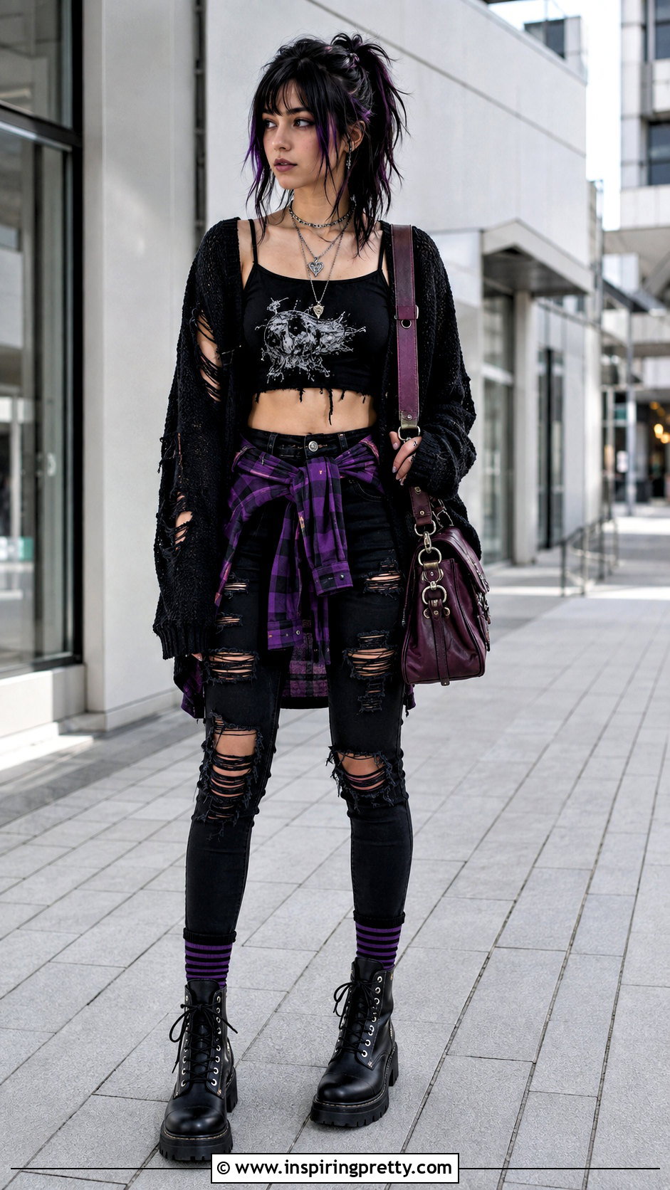 Black Emo Crop Top With Purple Accessories - 25 black emo crop top outfit ideas