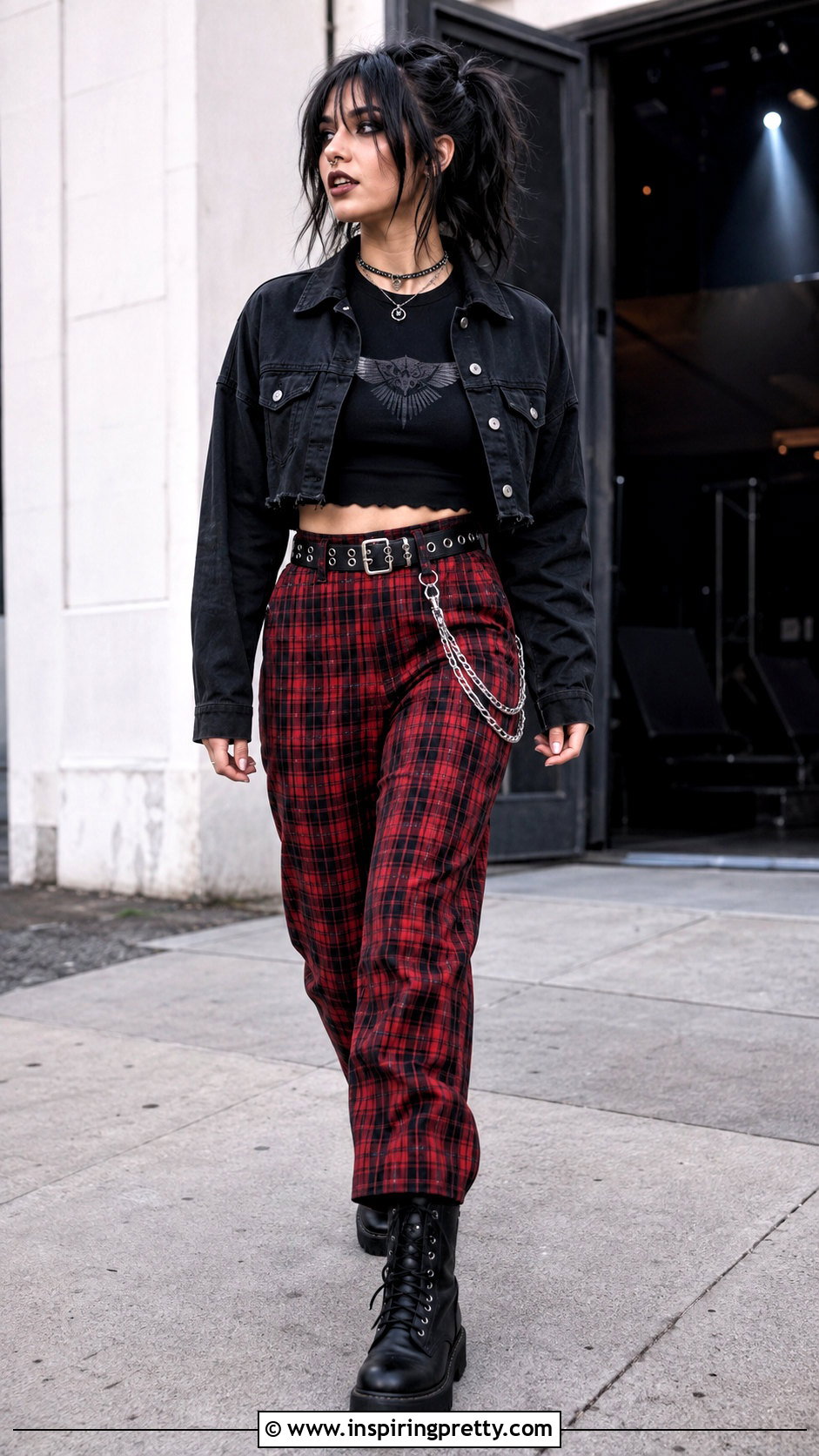 Black Emo Crop Top With Red Plaid Pants - 25 black emo crop top outfit ideas