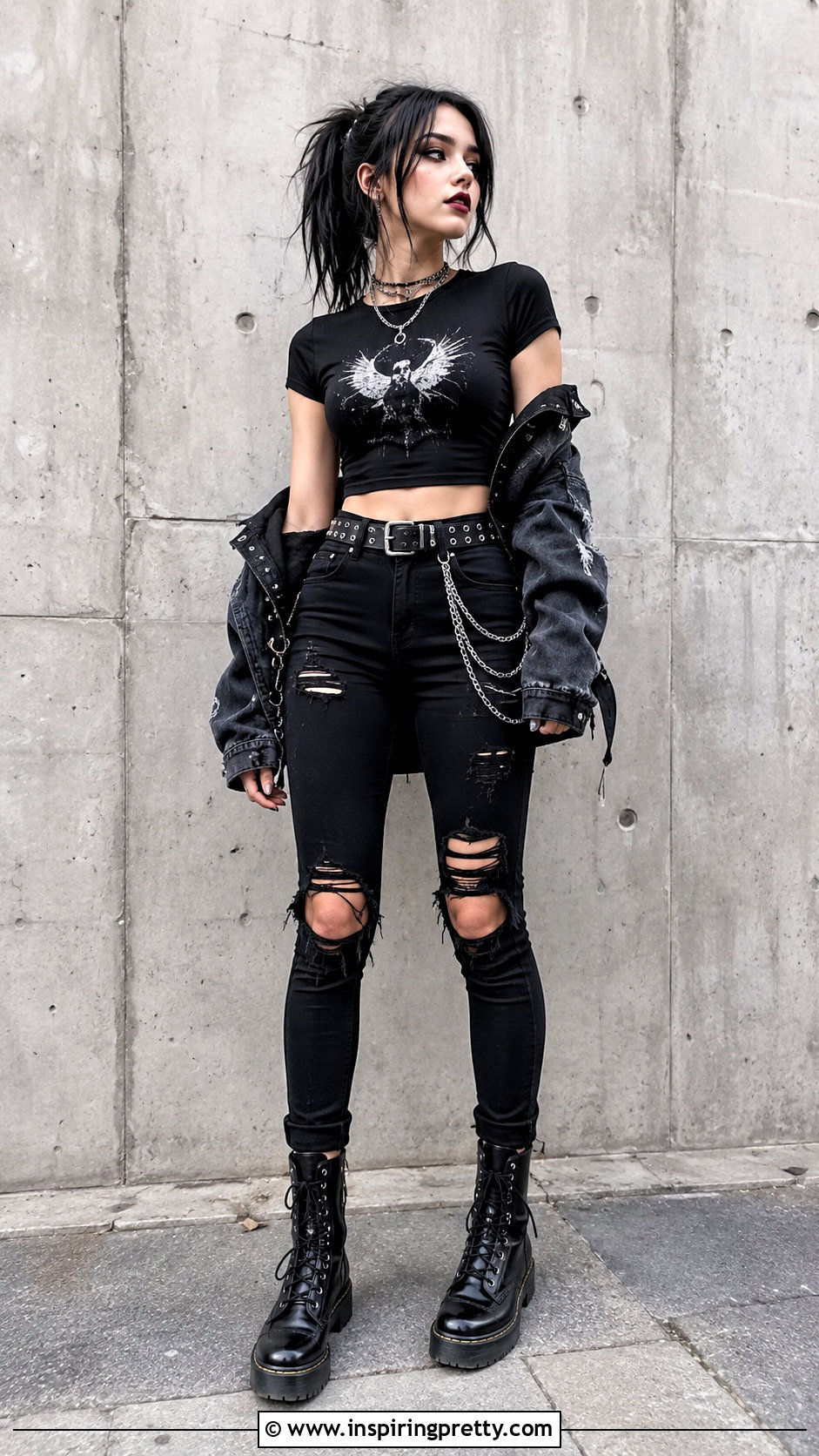 Black Emo Crop Top With Ripped Skinny Jeans - 25 black emo crop top outfit ideas