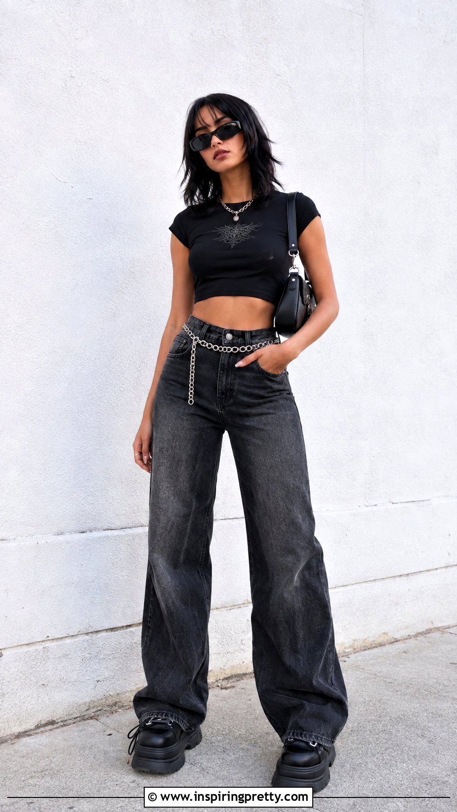 Black Emo Crop Top With Wide Leg Jeans - 25 black emo crop top outfit ideas