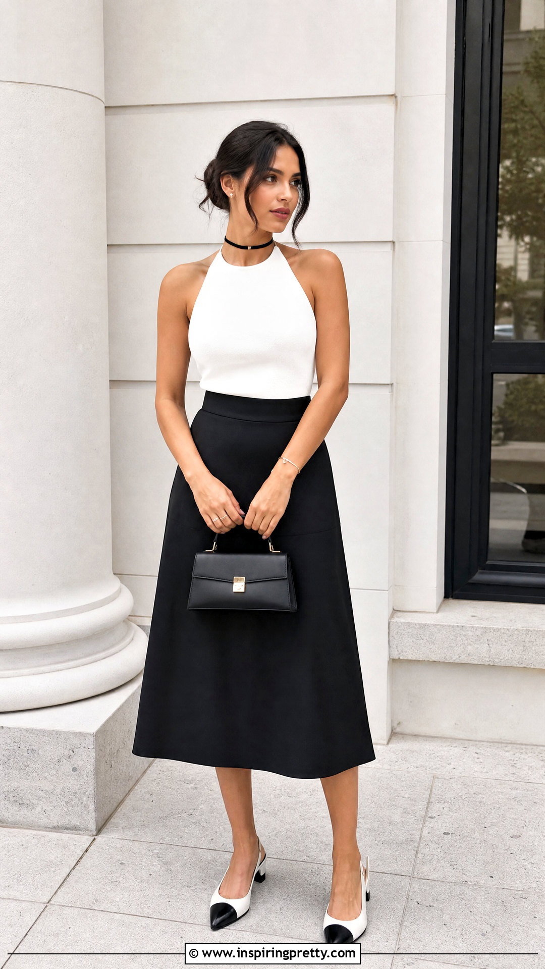 Black Enamel Choker With White Halter And Black Skirt - 25 Necklace To Wear With Halter Top outfit ideas