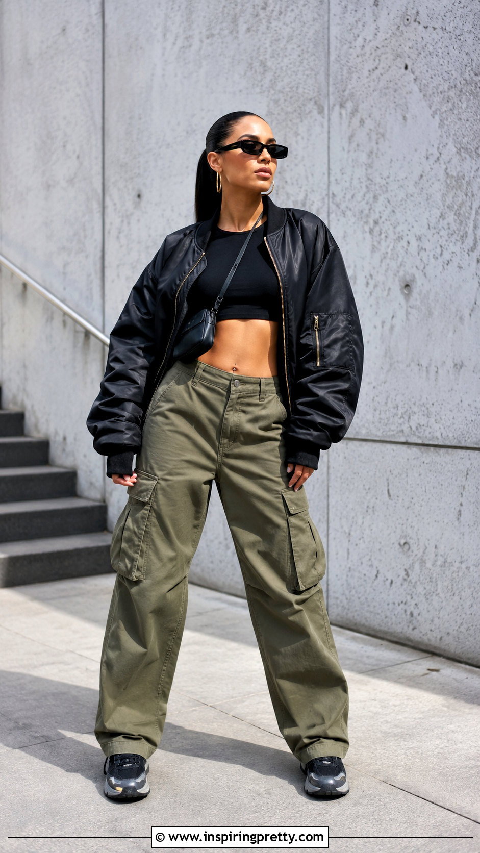 Black Extreme Short Crop Top With Cargo Pants - 20 extreme short crop top outfit ideas