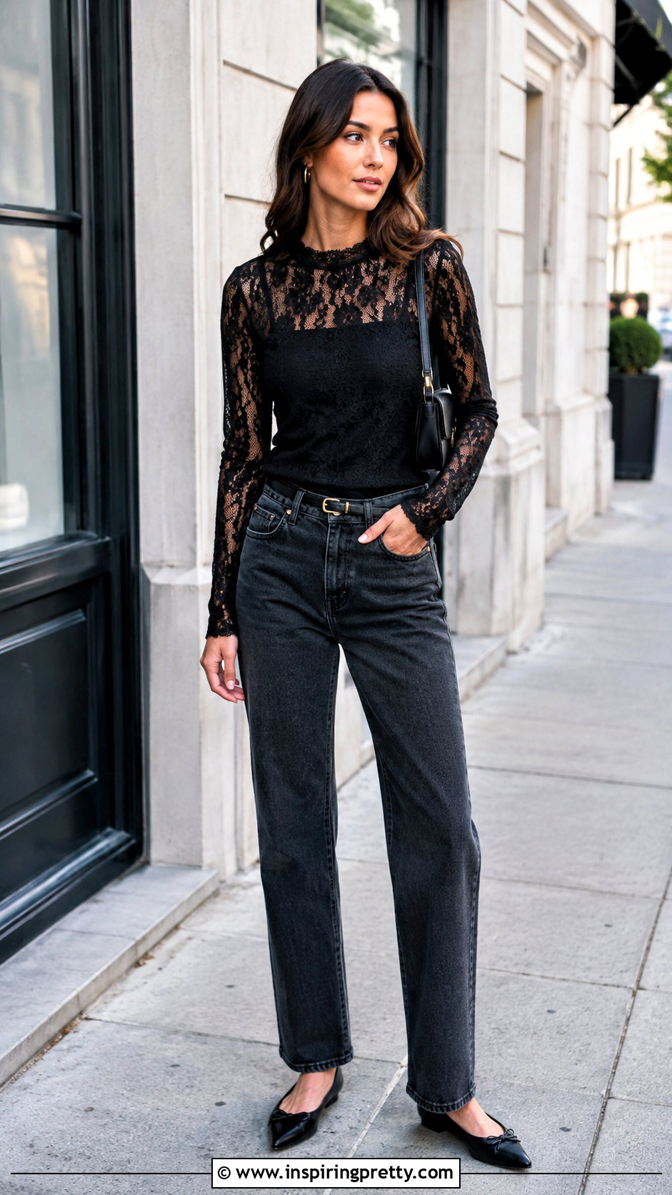 Black Eyelash Lace Top With Straight Leg Jeans - 25 Eyelash Lace Top outfit ideas