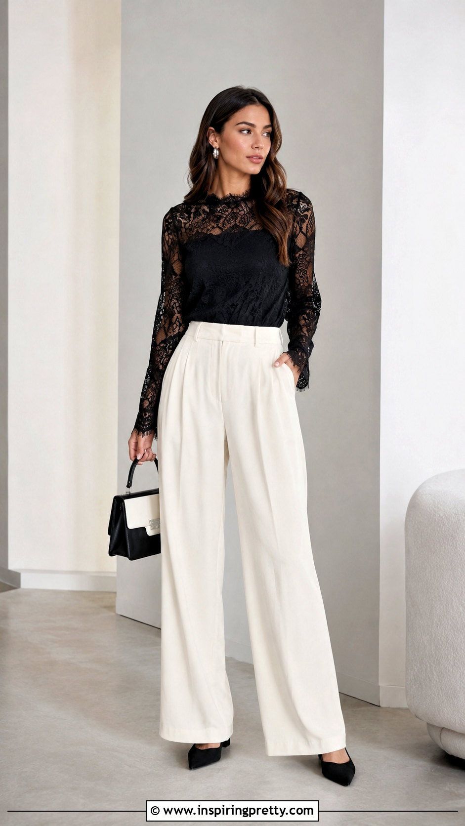 Black Eyelash Lace Top With White Pants - 25 Eyelash Lace Top outfit ideas