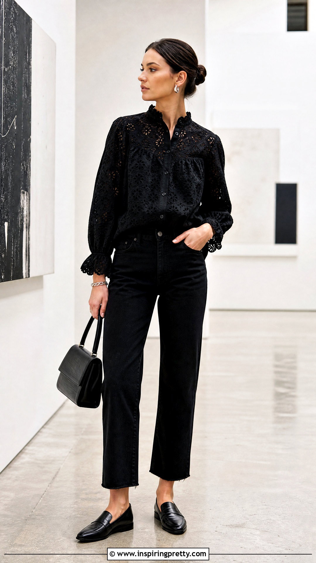 Black Eyelet Top With Black Jeans - 50 eyelet top outfit ideas