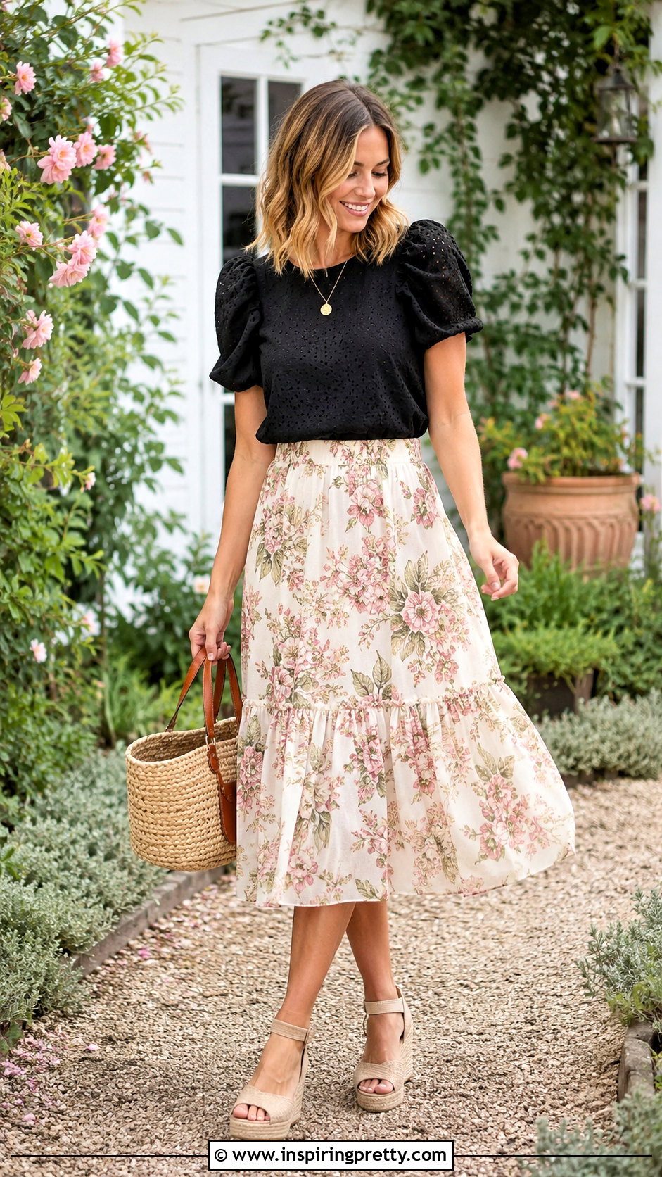 Black Eyelet Top With Floral Midi Skirt - 20 Boho Style Black Top outfit ideas