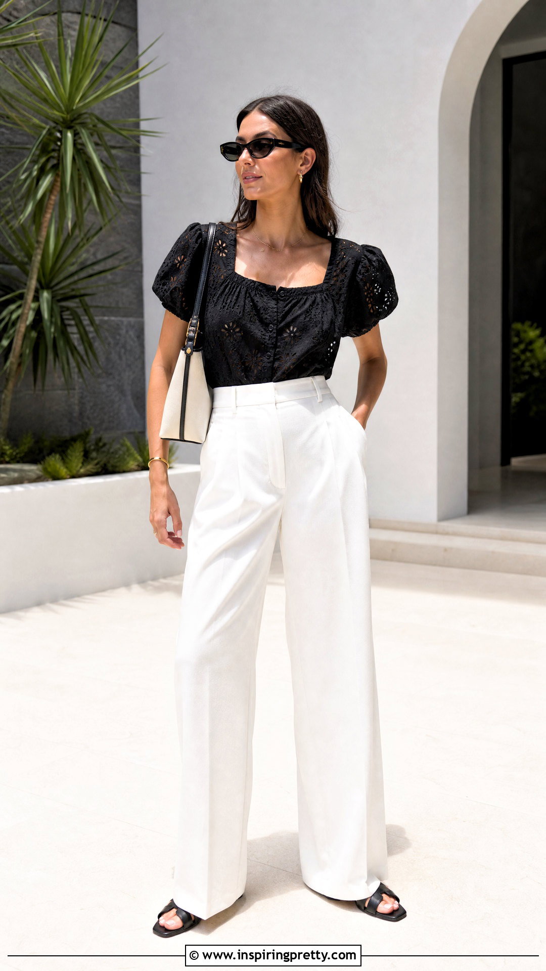 Black Eyelet Top With White Wide Leg Pants - How To Style Eyelet Tops (20 Ways)