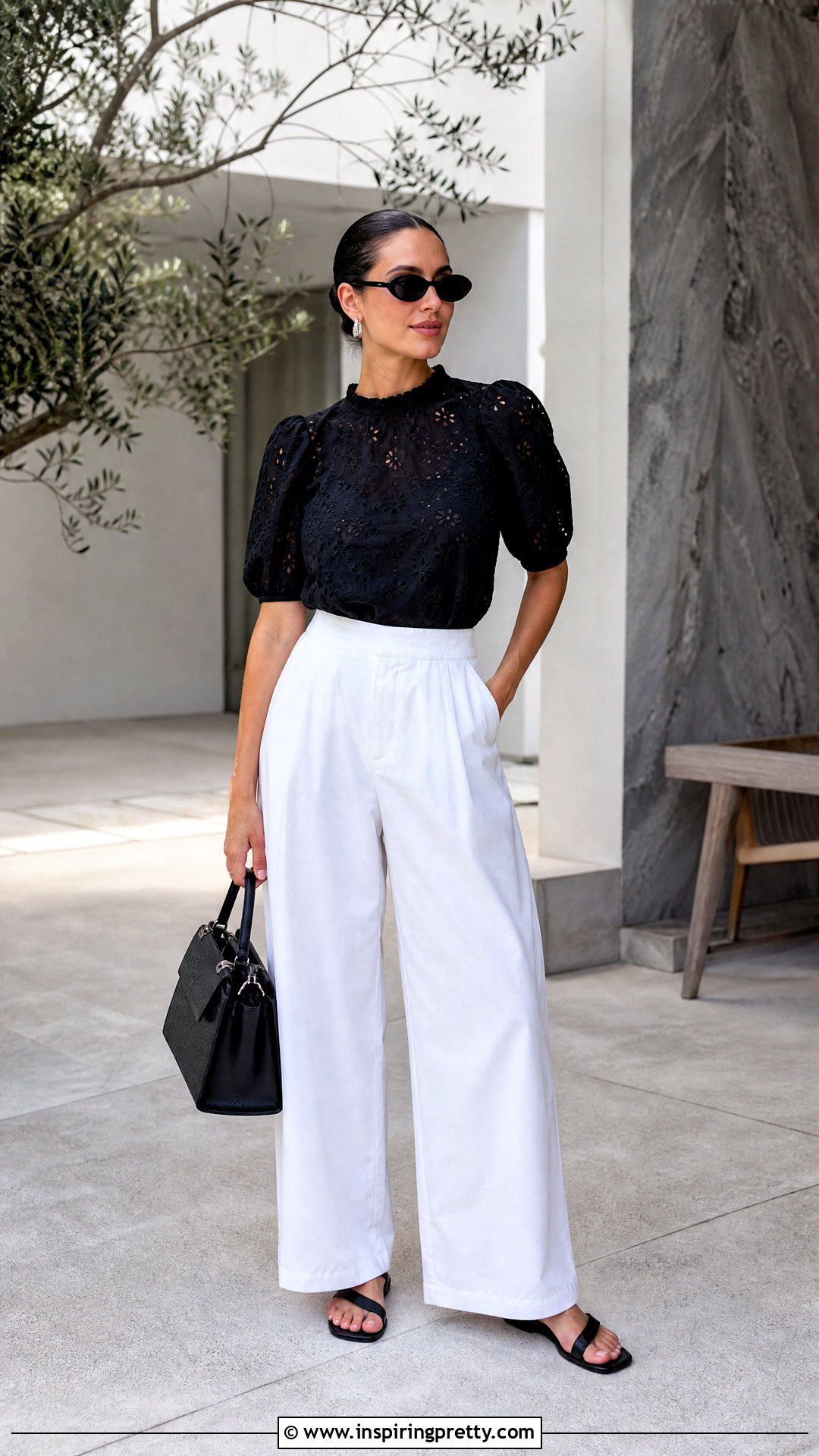 Black Eyelet Top With White Wide Leg Pants - 50 eyelet top outfit ideas