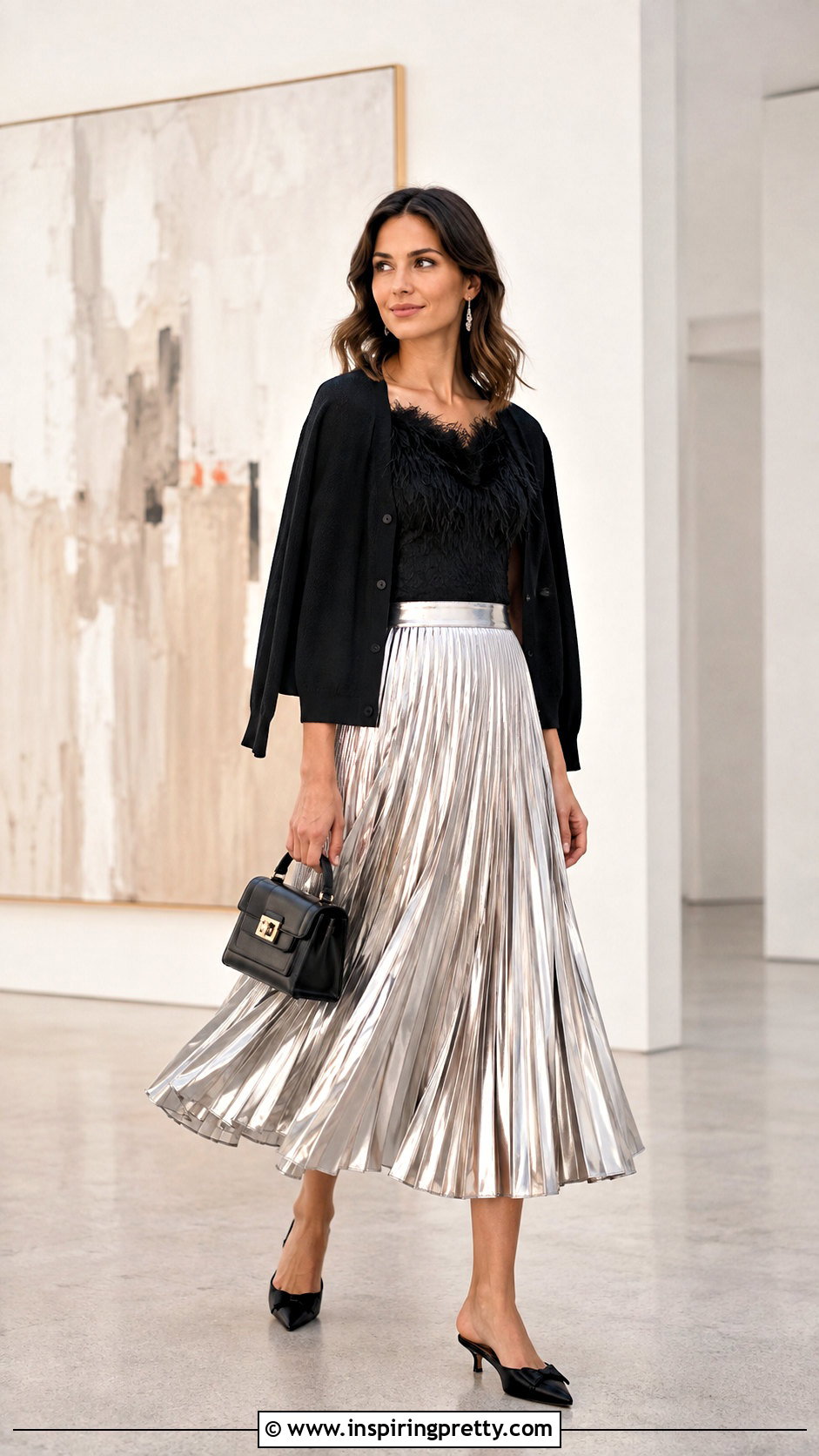 Black Feather Top With Pleated Midi Skirt - 25 Black Feather Tops outfit ideas
