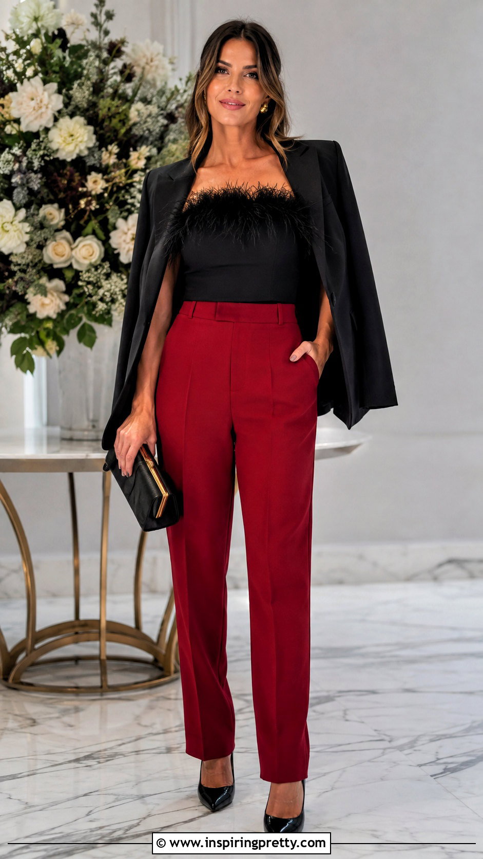 Black Feather Top With Red Trousers - 25 Black Feather Tops outfit ideas