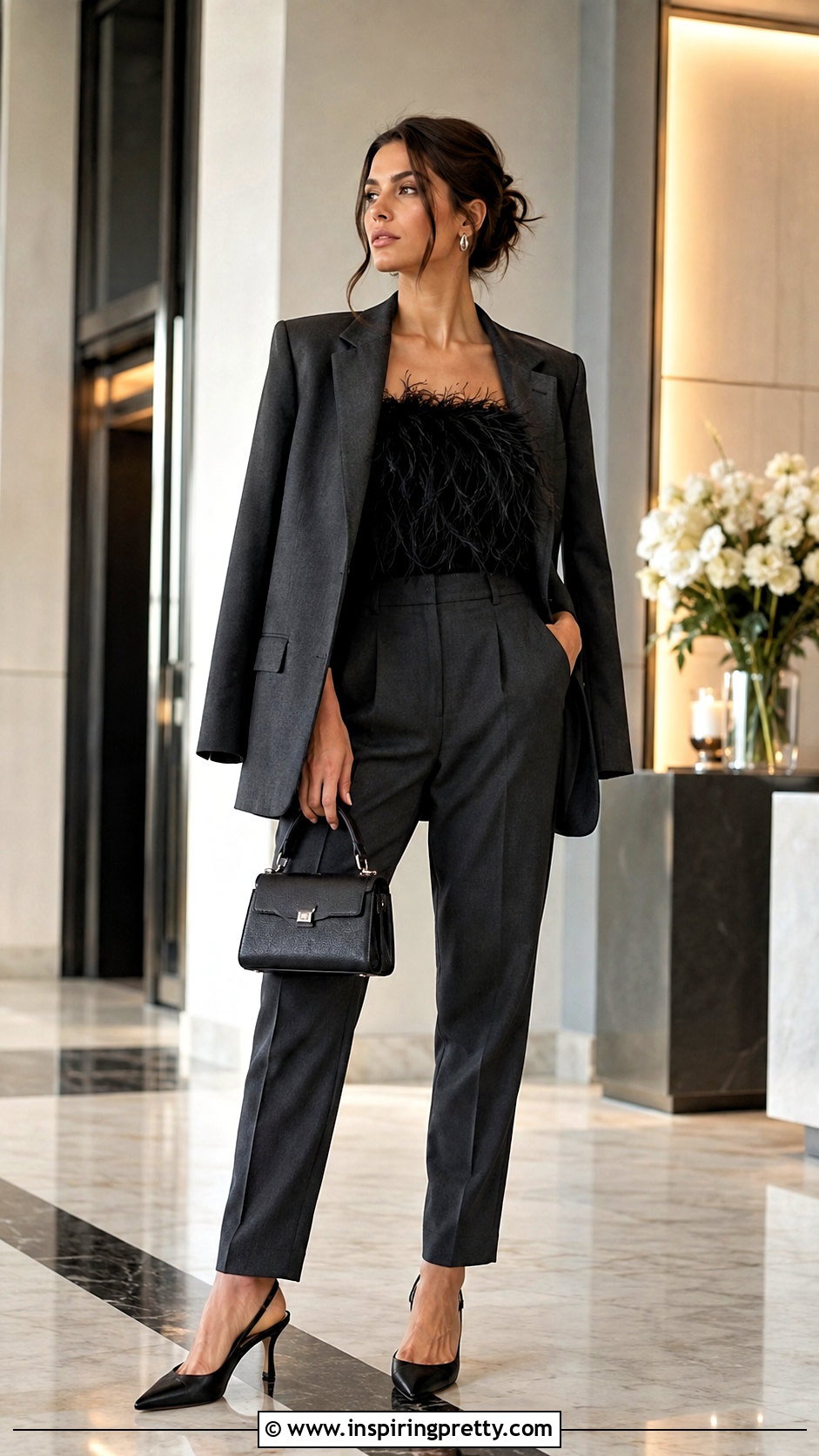 Black Feather Top With Suit Pants And Blazer - 25 Black Feather Tops outfit ideas