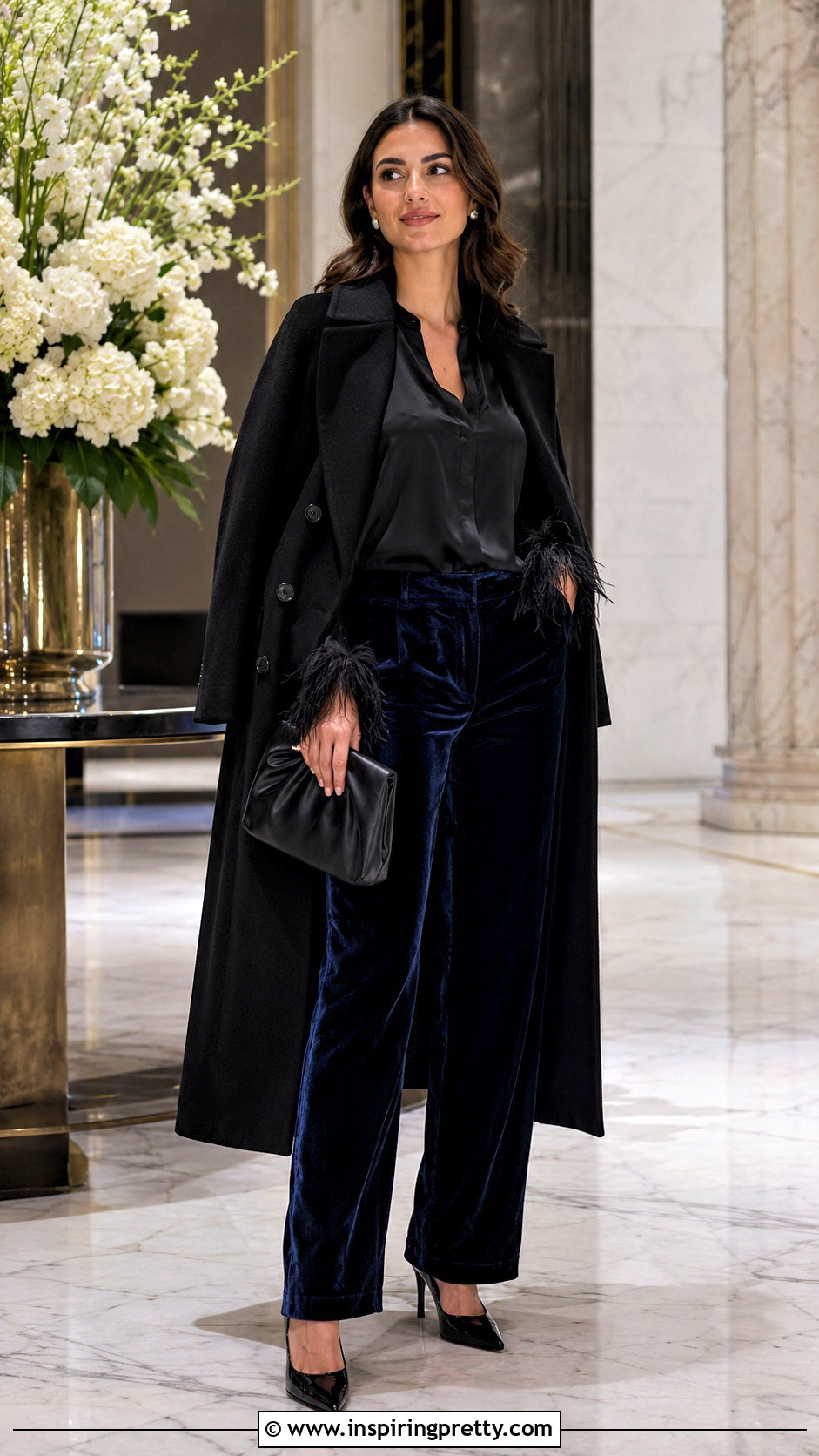 Black Feather Top With Velvet Pants - 25 Black Feather Tops outfit ideas