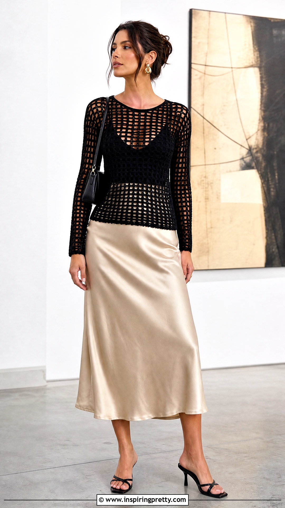 Black Filet Crochet Top With Satin Midi Skirt - 50 fillet crochet top outfit ideas