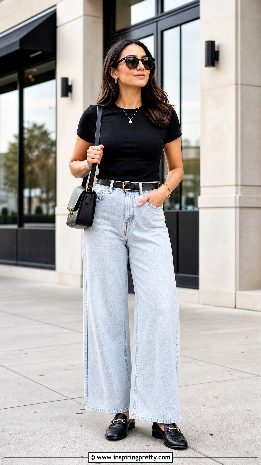 Black Fitted T Shirt With Wide Leg Jeans - 50 tops to wear with wide leg jeans