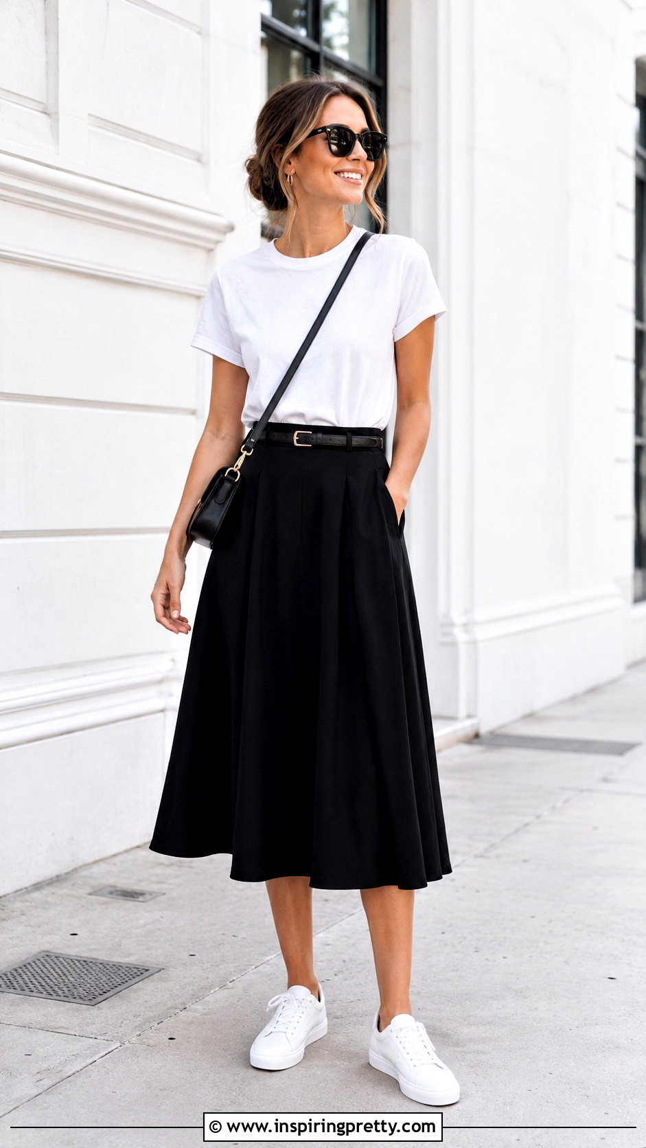 Black Flare Skirt And White T Shirt Outfit - 50 flay skirt and top outfit ideas