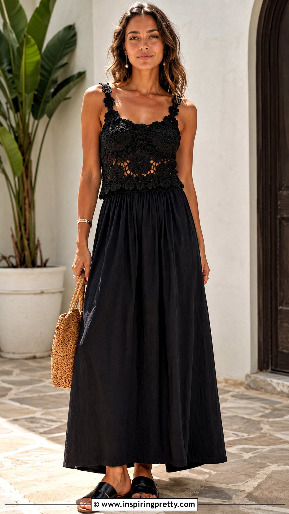 Black Floral Crochet Top With Black Maxi Skirt - 20 black crochet top with flowers