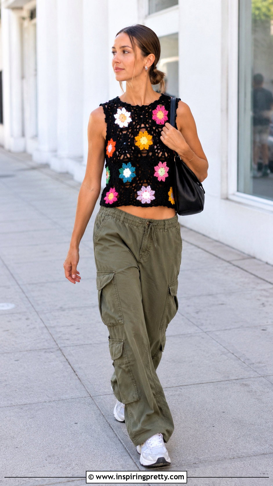 Black Floral Crochet Top With Cargo Pants - 20 black crochet top with flowers