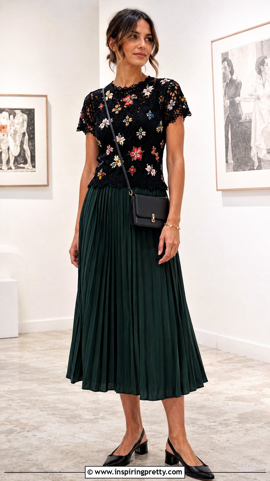 Black Floral Crochet Top With Pleated Midi Skirt - 20 black crochet top with flowers
