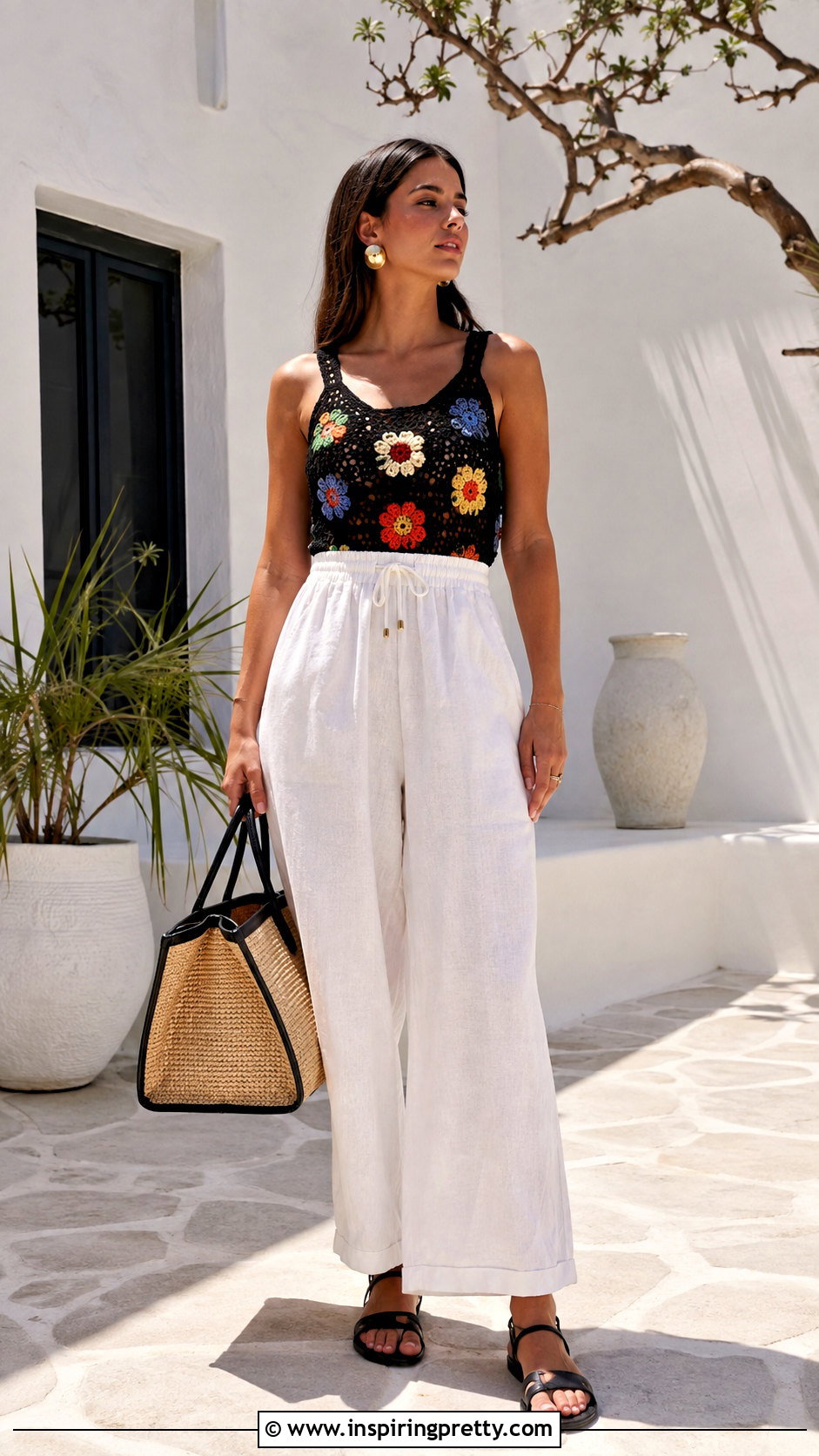 Black Floral Crochet Top With White Linen Pants - 20 black crochet top with flowers