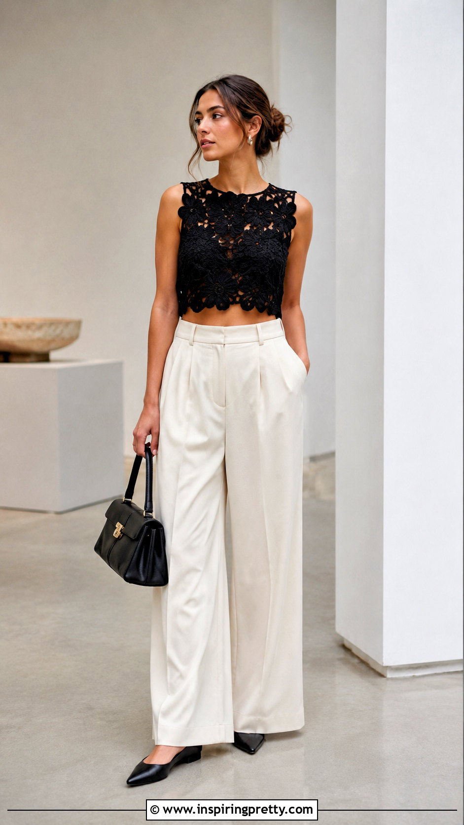 Black Floral Crochet Top With Wide Leg Trousers - 20 black crochet top with flowers