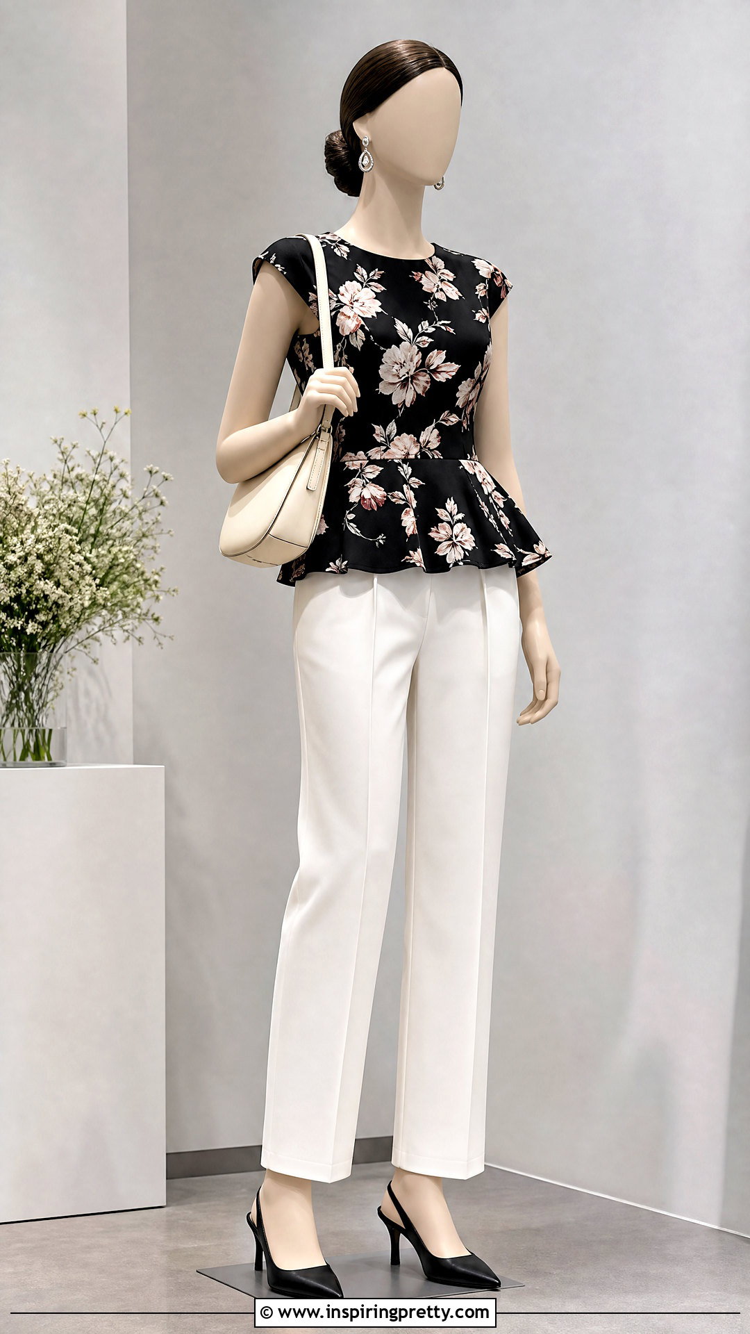 Black Floral Peplum Top With White Trousers - 20 floral peplum top on mannequin ideas