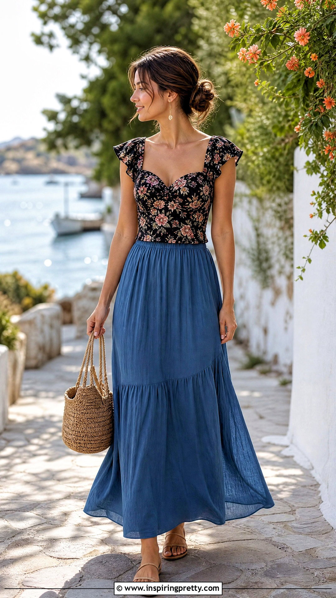 Black Floral Summer Top With Blue Maxi Skirt - 20 black floral summer top outfit ideas