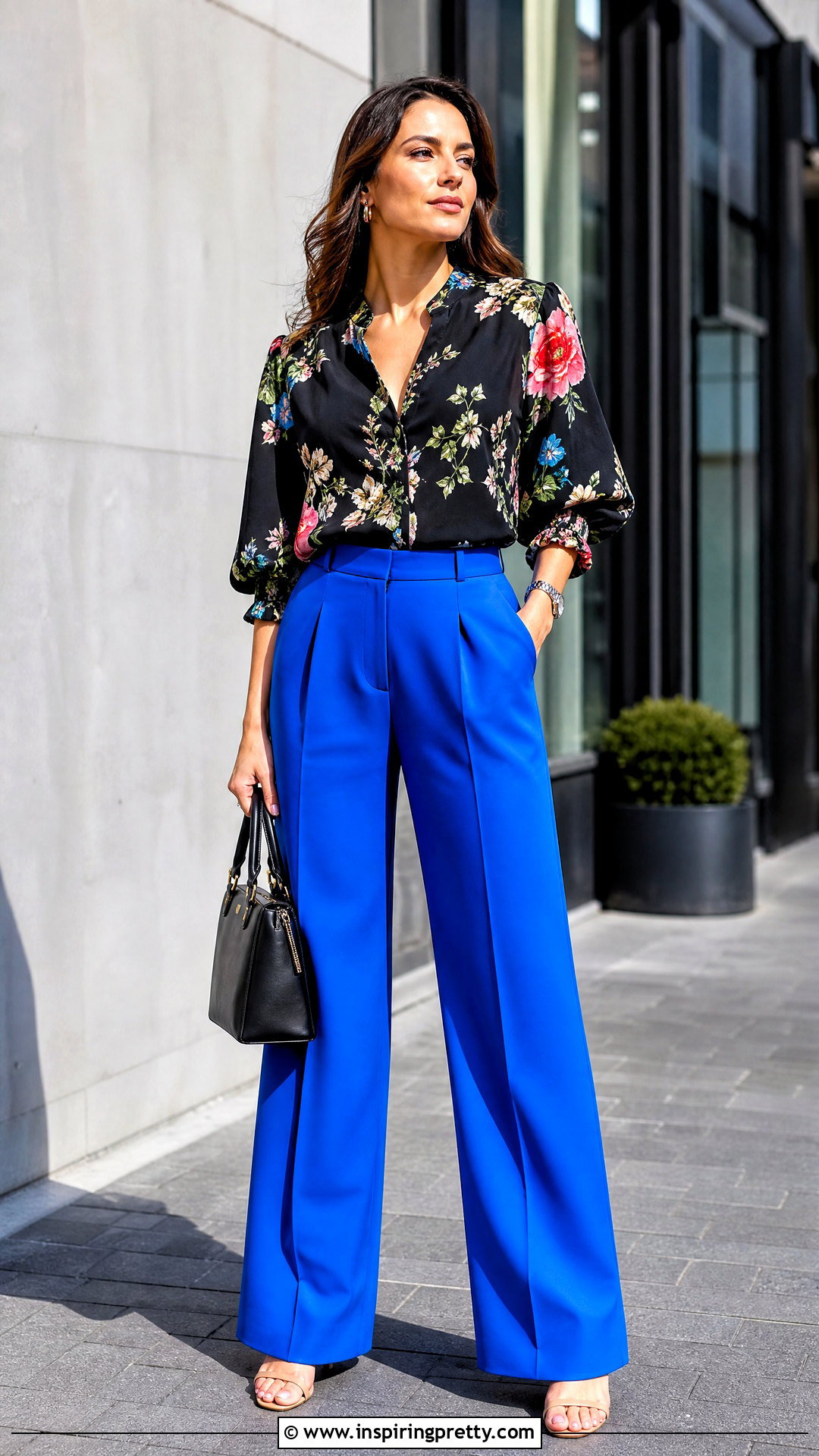 Black Floral Summer Top With Bright Trousers - 20 black floral summer top outfit ideas