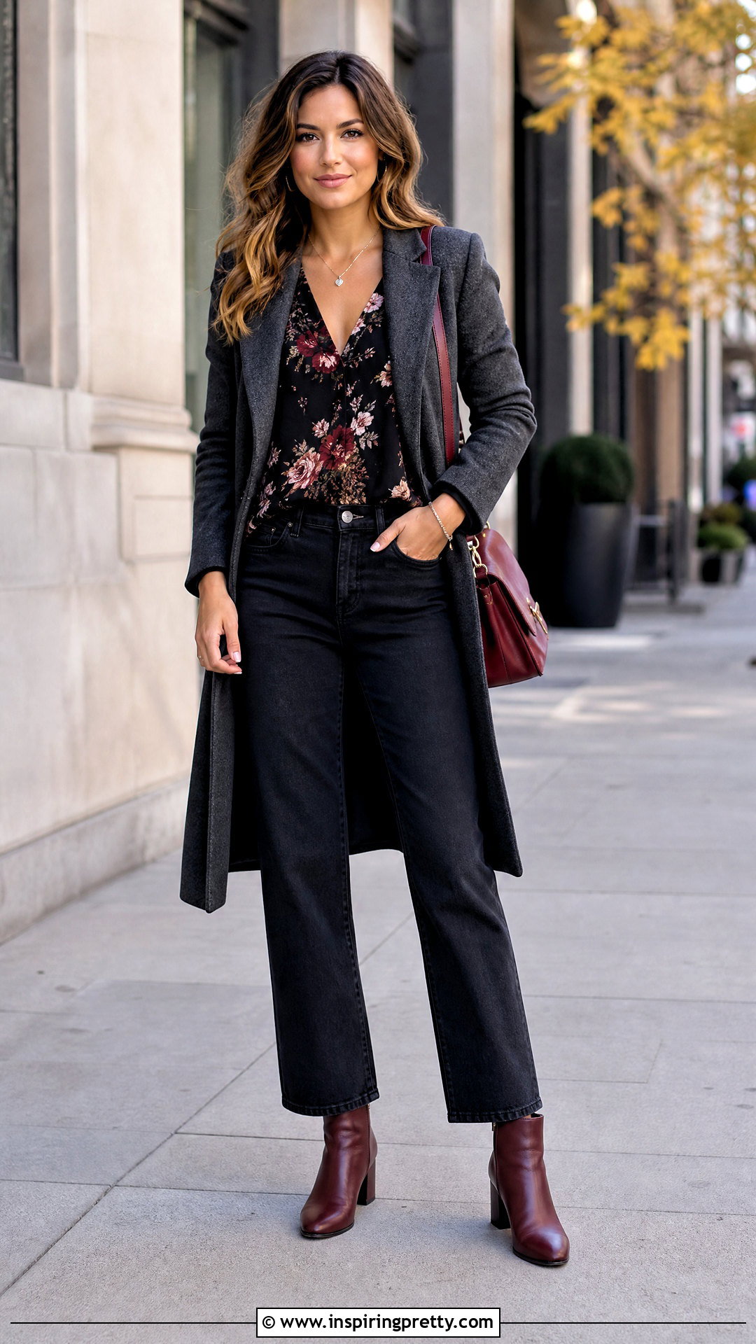 Black Floral Top With Black Jeans And Burgundy Boots - 20 floral top with jeans and boots