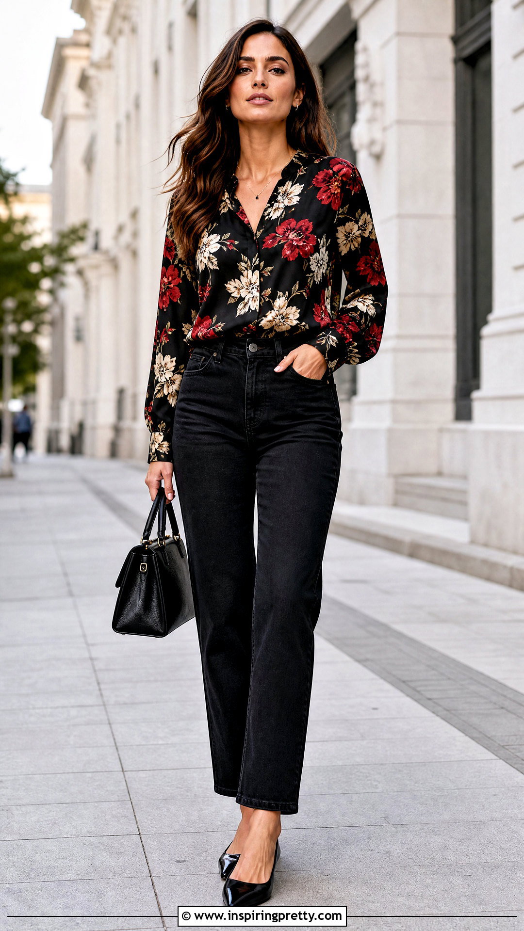 Black Floral Top With Black Jeans And Pointed Flats - 20 Floral Top With Jeans And Flats