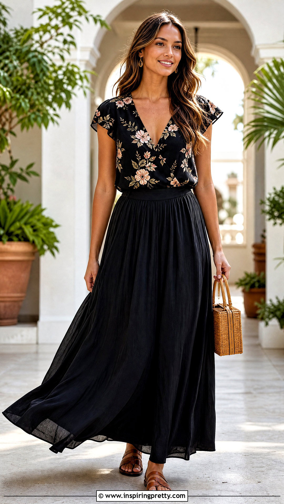 Black Floral Top With Black Maxi Skirt - 20 Black Floral Top Fashion Ideas