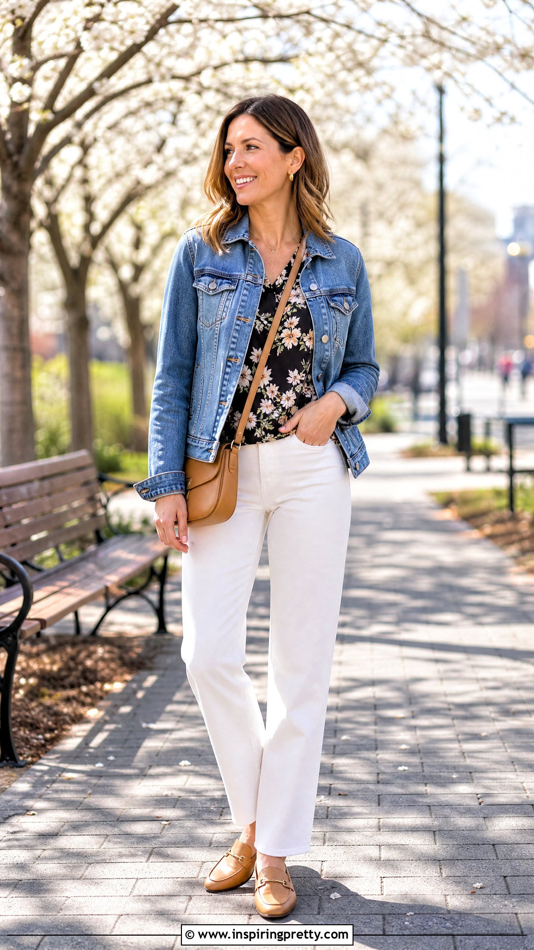 Black Floral Top With Denim Jacket And White Pants - 20 Black Floral Top Fashion Ideas