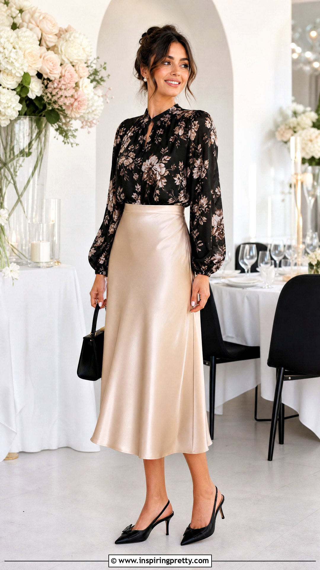 Black Floral Top With Satin Midi Skirt - 20 Black Floral Top Fashion Ideas