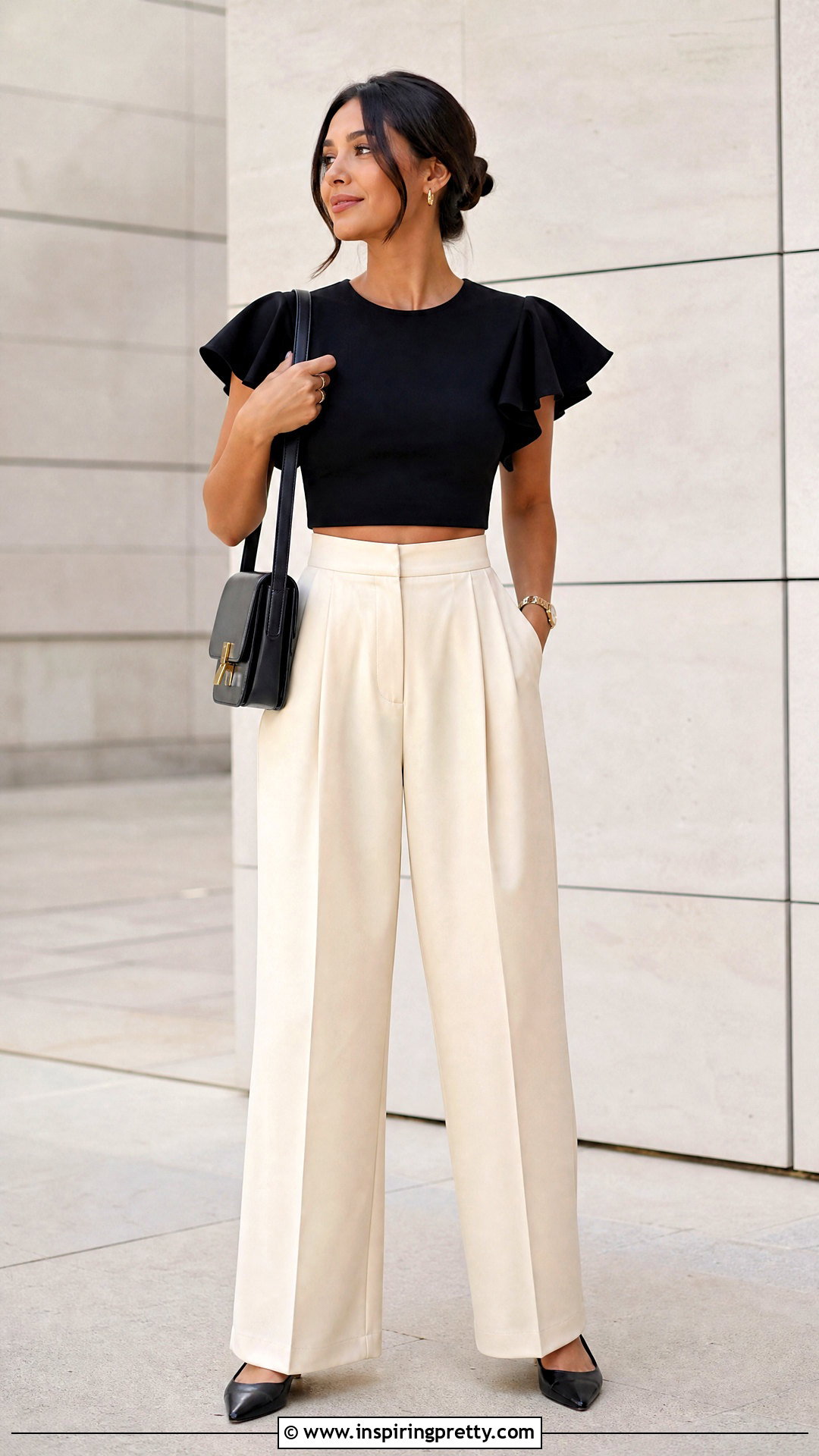 Black Flounce Sleeve Crop Top With Wide Leg Trousers - 20 Flounce Sleeve Crop Top outfit ideas