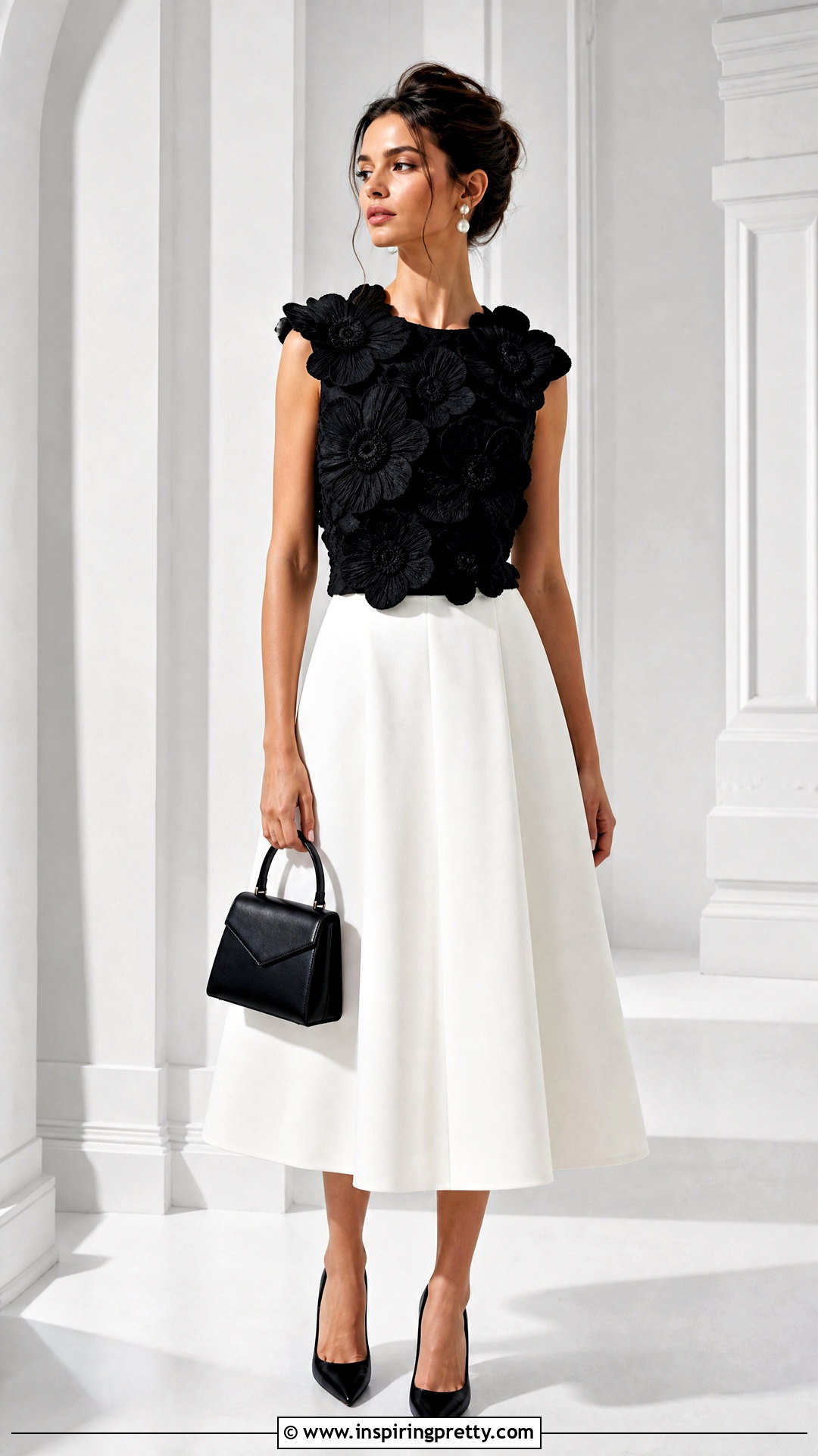 Black Flower Top With White Midi Skirt - 50 flower top photoshoot ideas