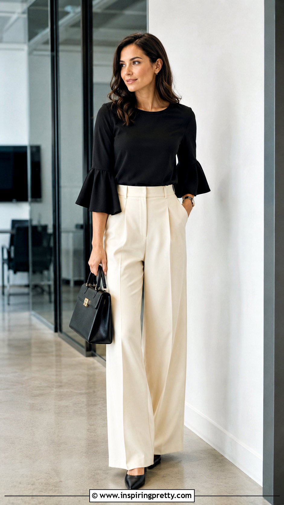 Black Fluted Sleeve Top With Wide Leg Trousers - 25 Fluted Sleeve Top outfit ideas