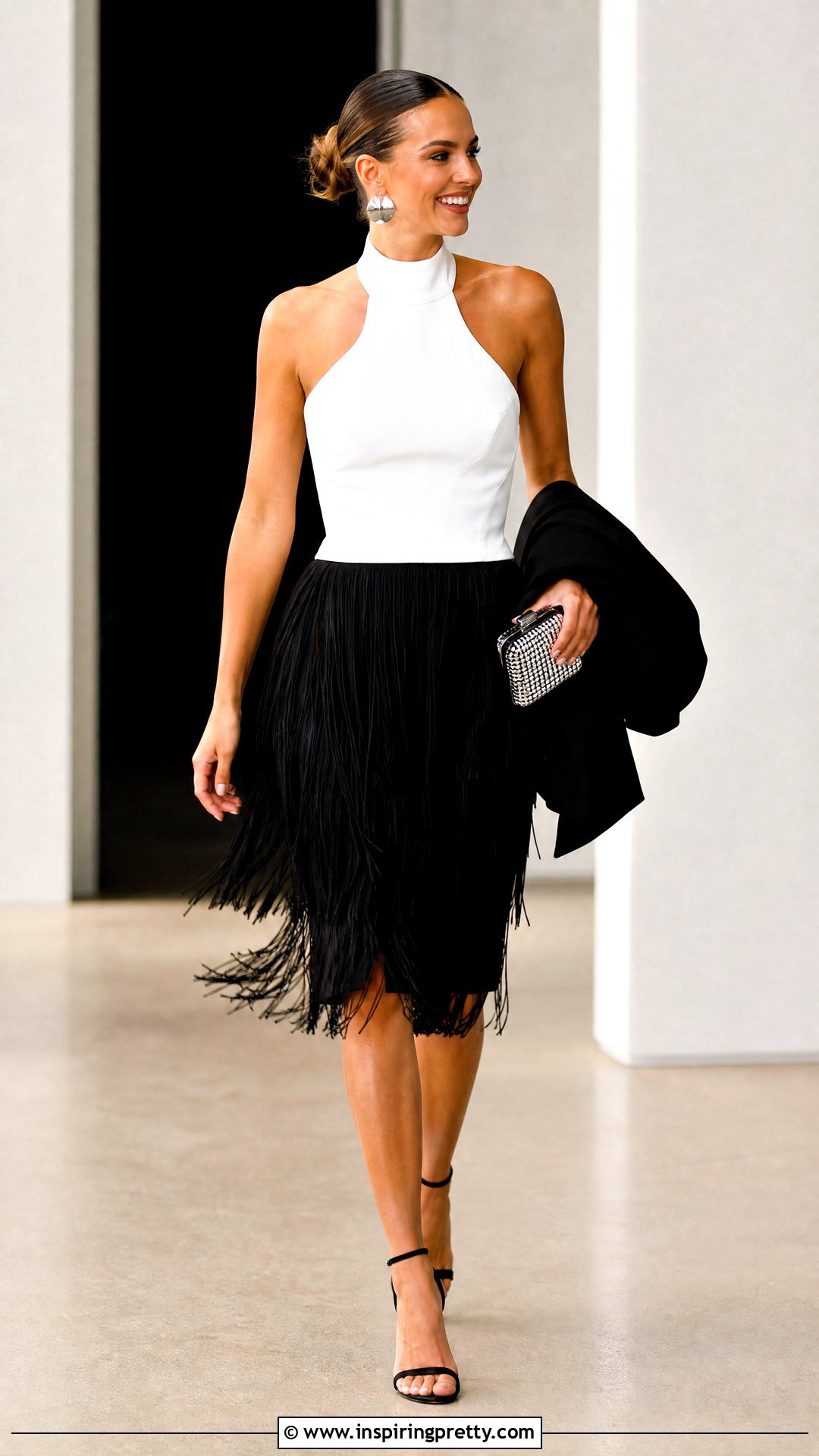 Black Fringe Skirt And White Halter Top Outfit - 50 Black Skirt And White Top Outfit ideas