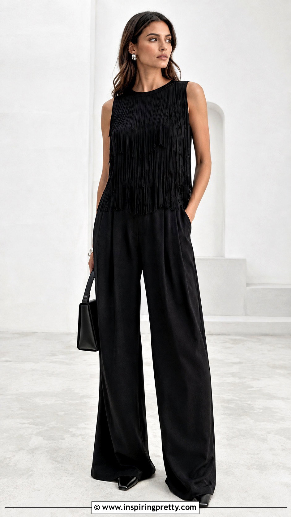 Black Fringe Top With Black Pants - 50 Fringe Top outfit ideas