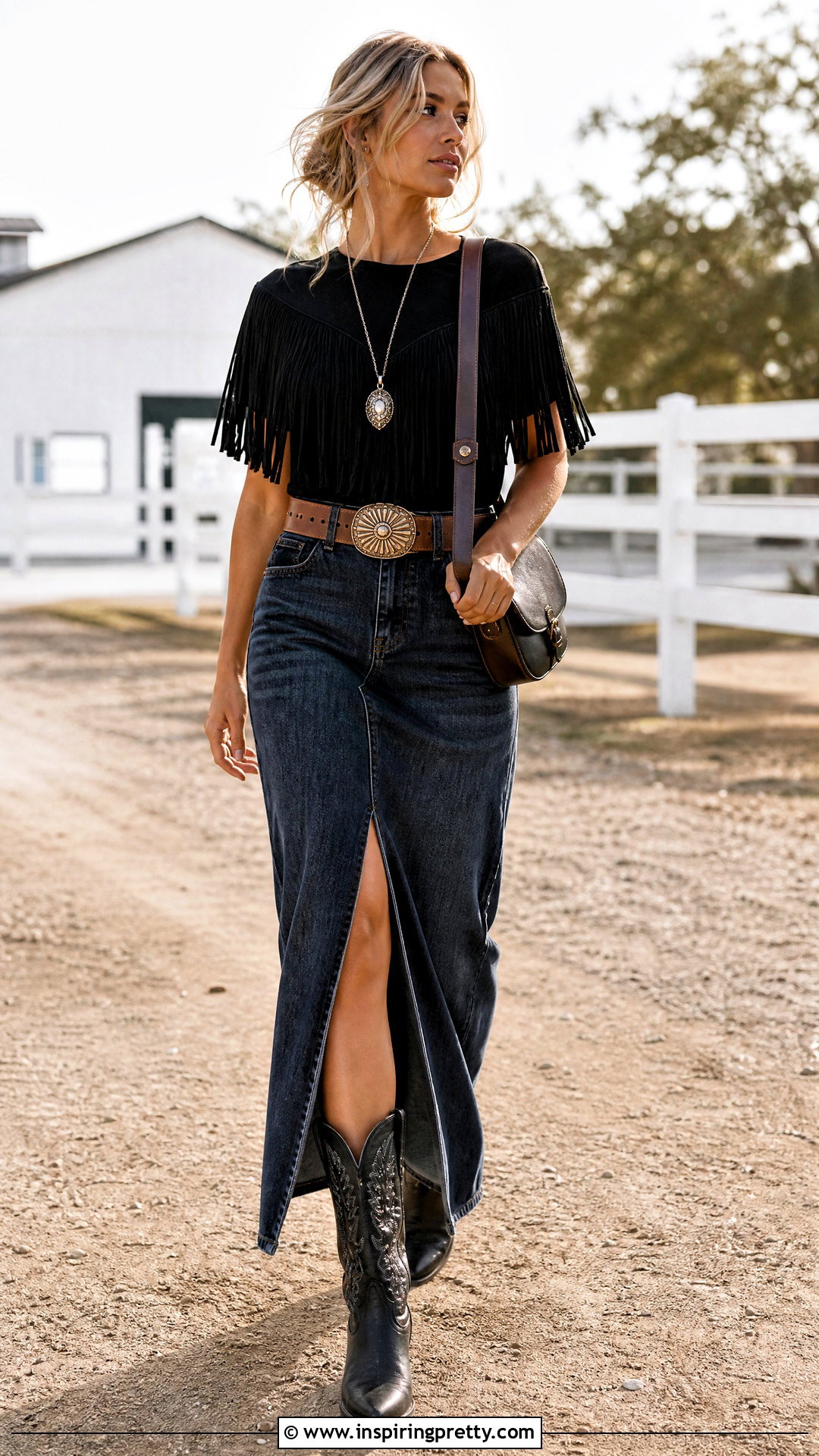 Black Fringe Top With Denim Maxi Skirt - 20 black fringe top western outfit ideas